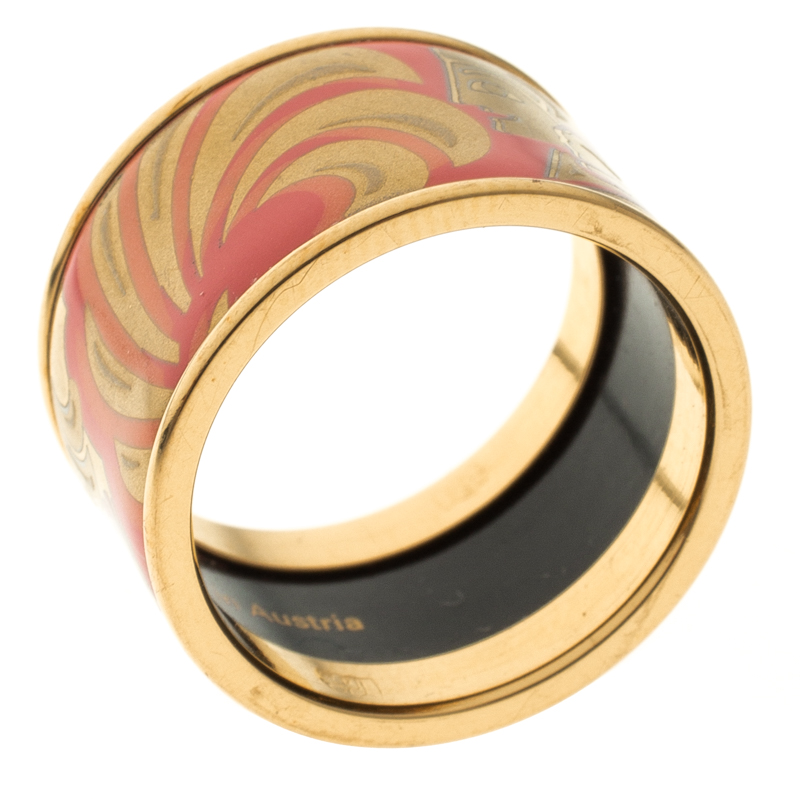 Frey Wille Magic Sphinx Pink Fire Enamel Gold Plated Band Ring Size 53