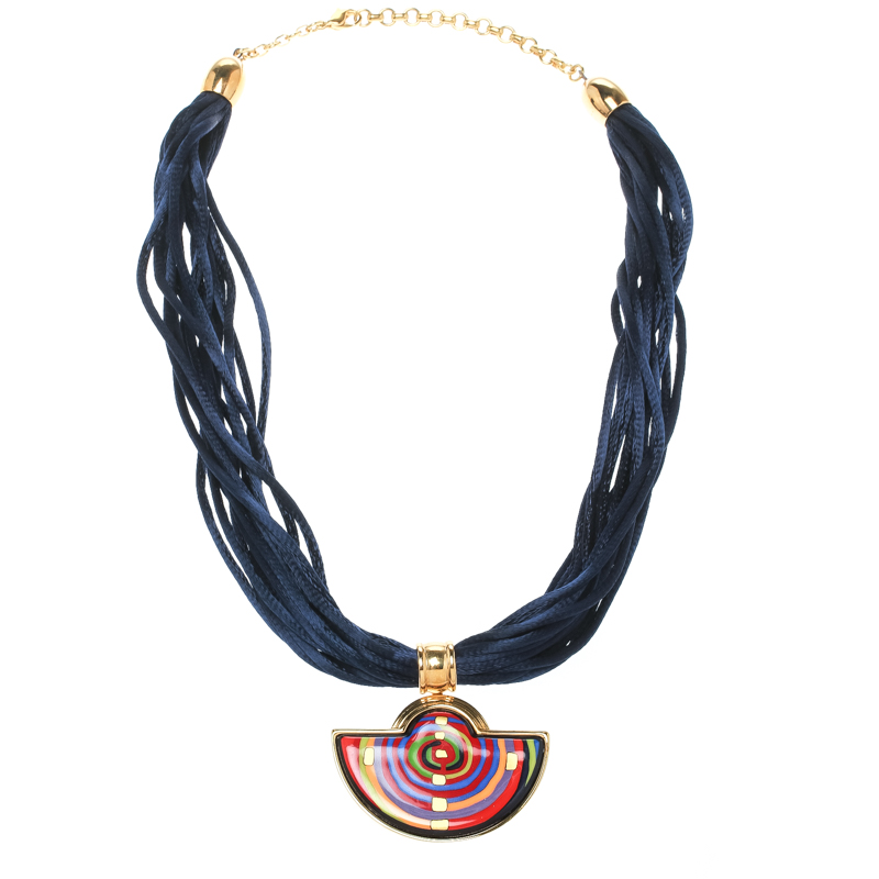 

Frey Wille Hommage à Hundertwasser Spiral of Life Blue Fire Enamel Half Moon Pendant Necklace, Navy blue