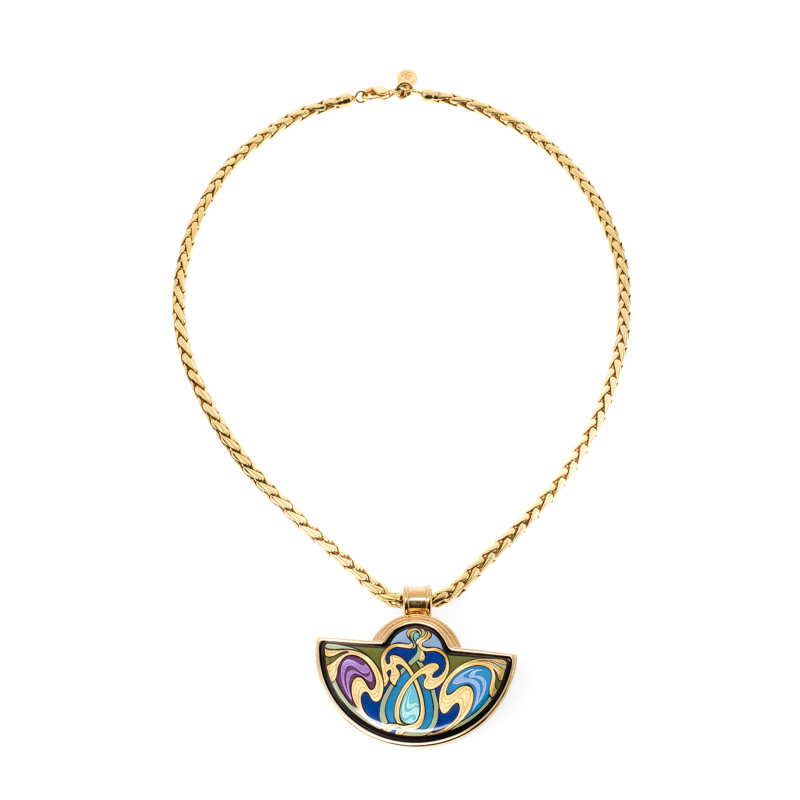 

Frey Wille Hommage À Alphonse Mucha Fire Enamel Gold Plated Half Moon Pendant Necklace, Multicolor