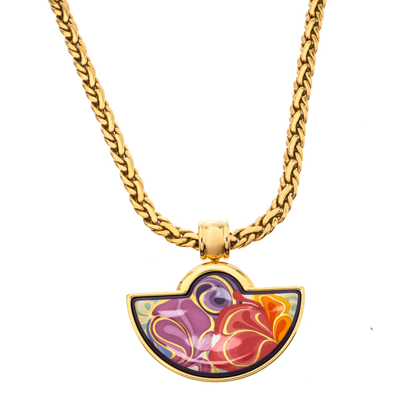 Frey Wille Floral Symphony Fire Enamel Gold Plated Half Moon Necklace 