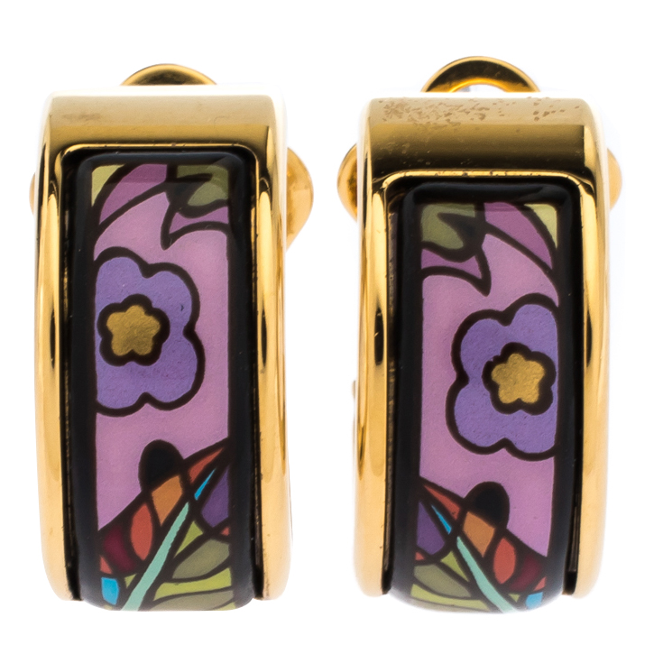 Pre Owned Frey Wille Multicolor Fire Enamel Gold Plated Hoop Earrings
