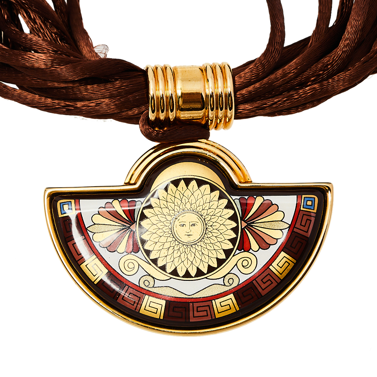 

Frey Wille Vintage Sun Motif Brown Fire Enamel Gold Plated Half Moon Pendant Necklace