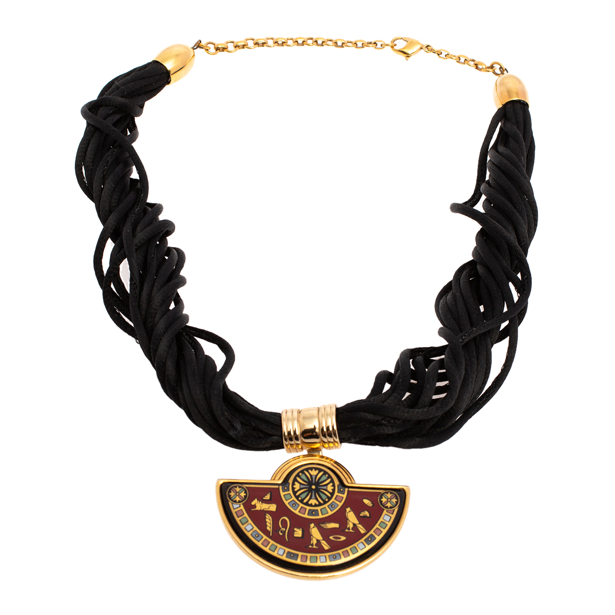 

Frey Wille Vintage Egyptian Cleopatra Fire Enamel Gold Plated Half Moon Pendant Necklace, Red