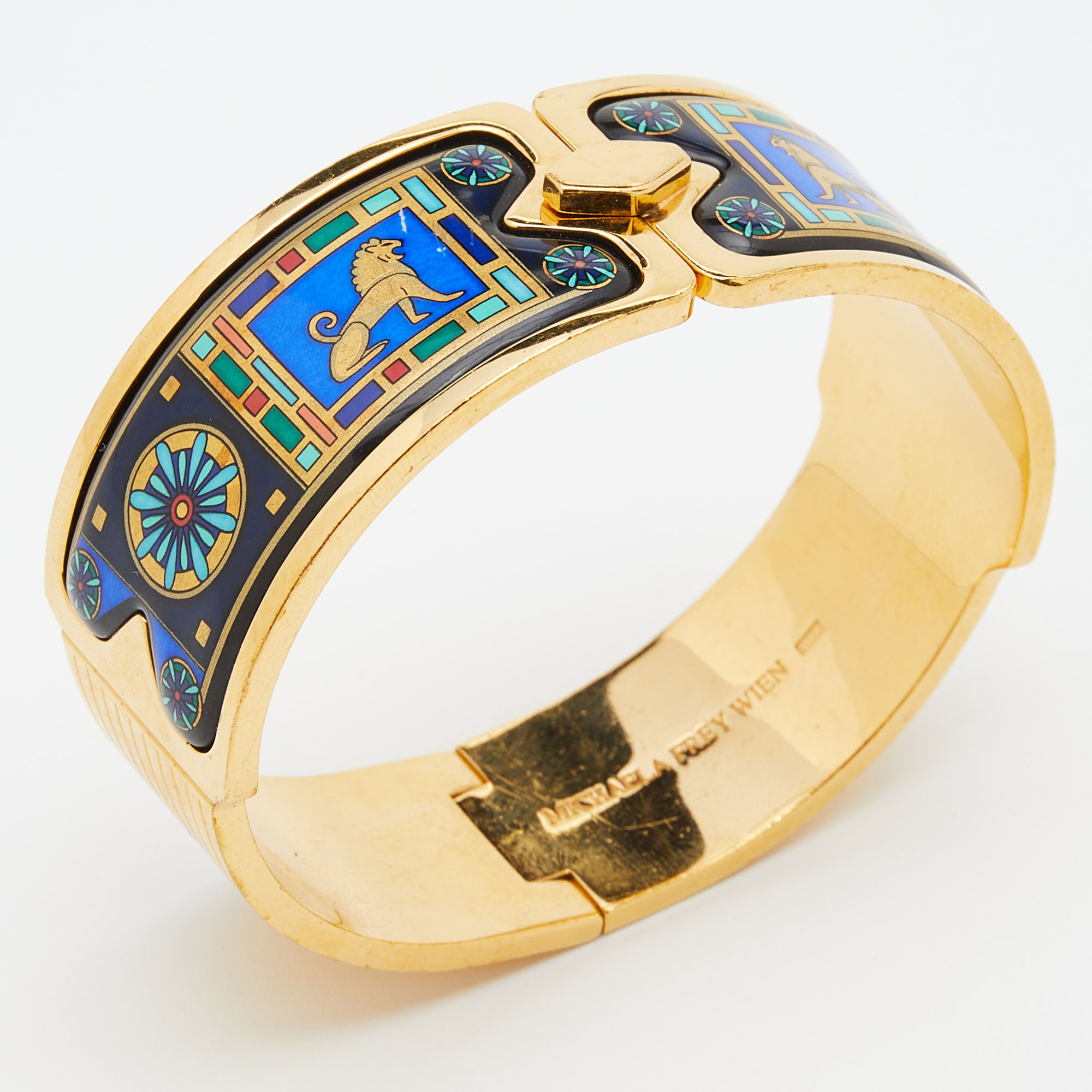 

Frey Wille Vintage Gold Plated Greco-Roman Lion Enamel Bangle Bracelet, Multicolor