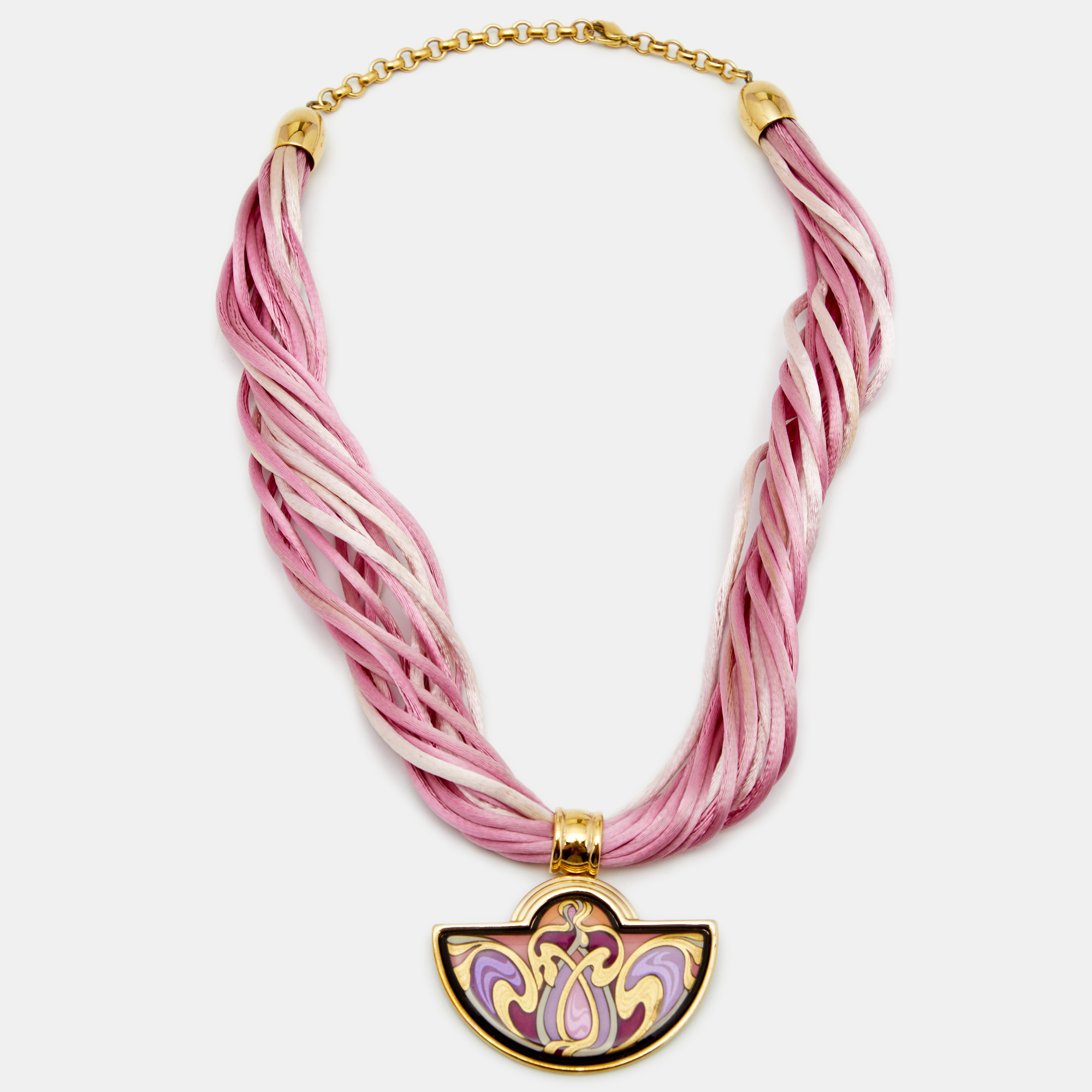 

Frey Wille Hommage à Alphonse Mucha Fire Enamel Half Moon Pendant Multi Cord Necklace, Pink