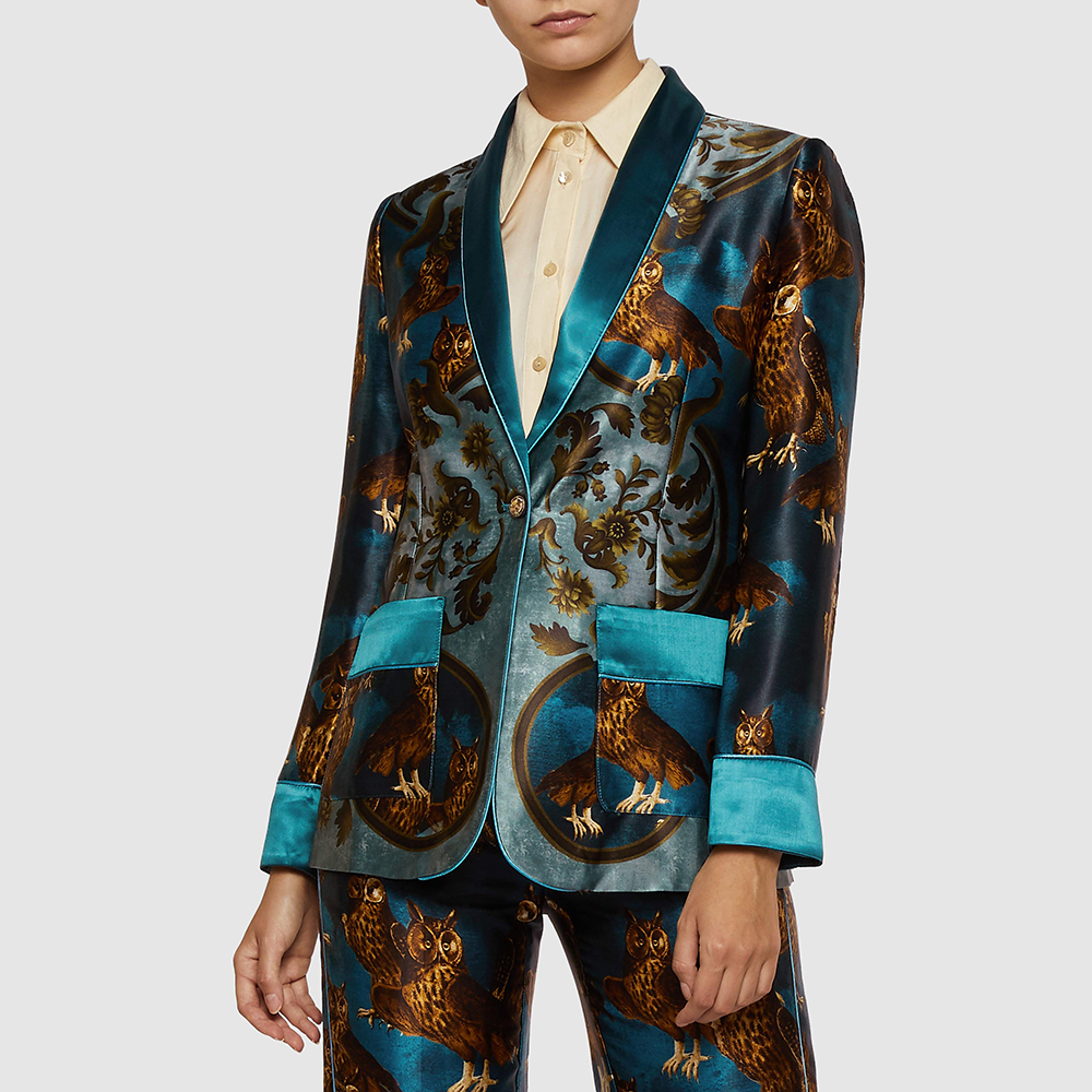 

F.R.S For Restless Sleepers Blue Contrast-Trimmed Owl Print Velvet Jacket Size