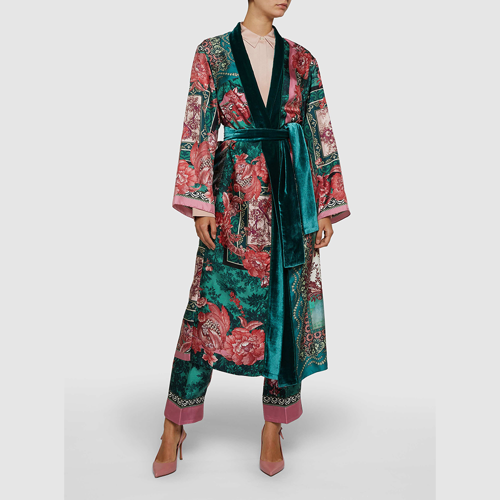 

F.R.S For Restless Sleepers Multicoloured Pink Paradise Velvet-Trimmed Silk Robe Size, Multicolor