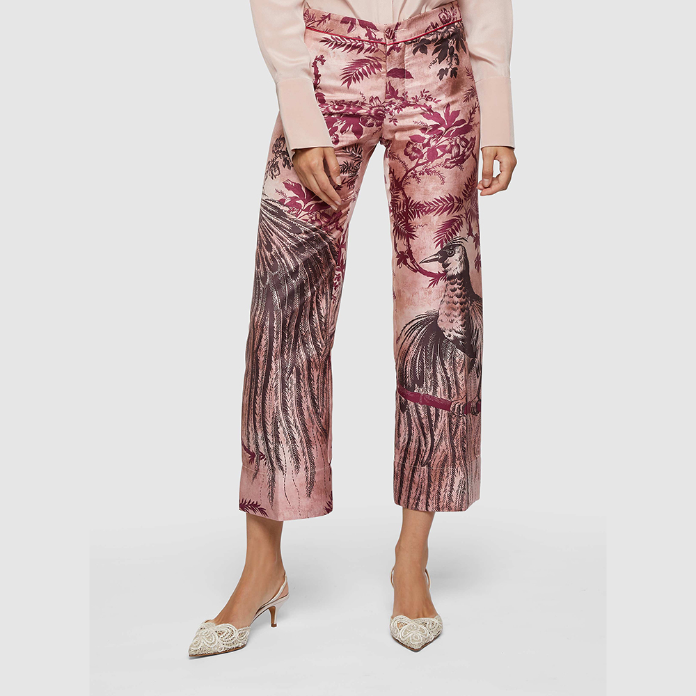 

F.R. For Restless Sleepers Pink Tail Feather Printed Straight Leg Trousers Size