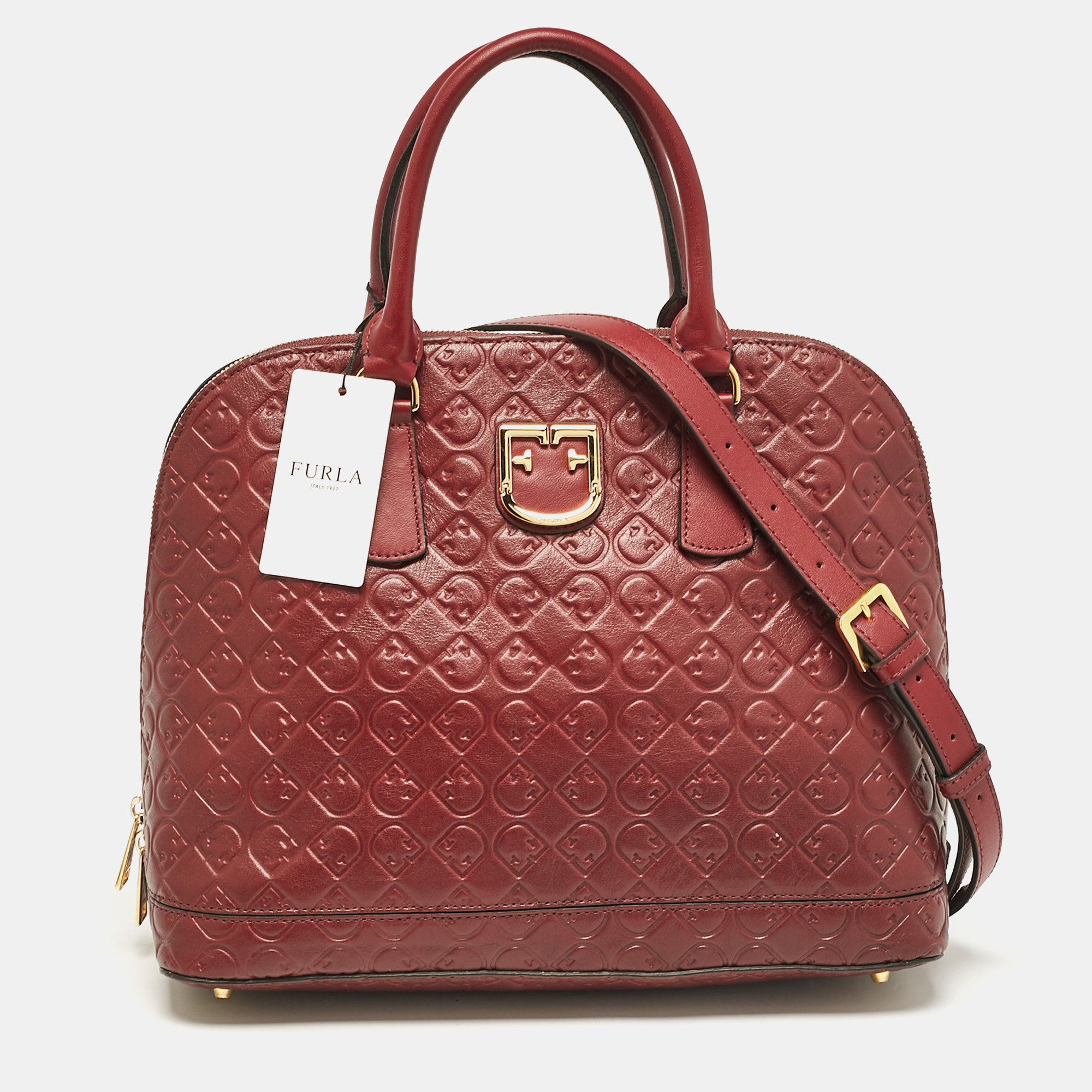 

Furla Red Embossed Leather Fantastica Dome Satchel