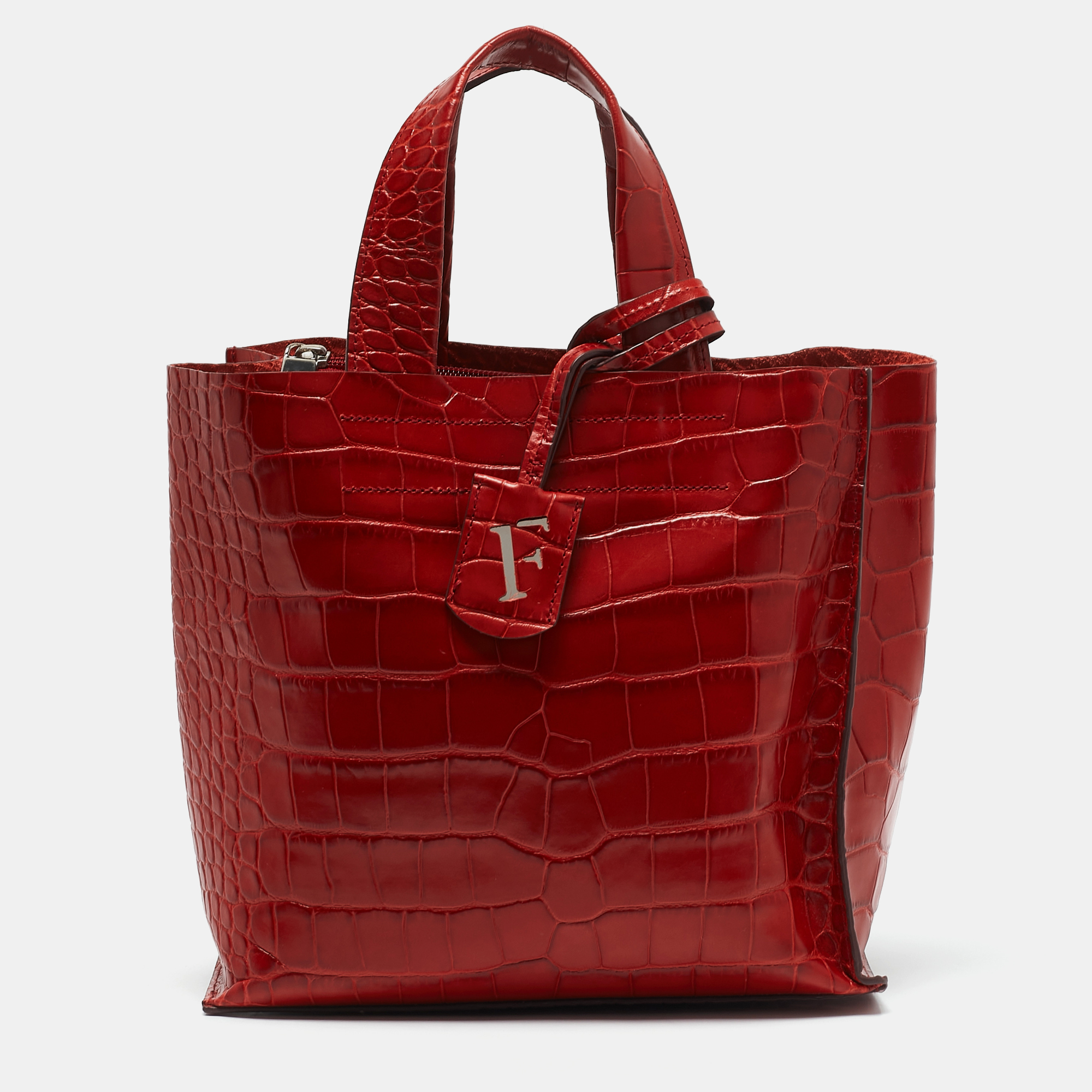 

Furla Red Croc Embossed Leather Divide It Tote