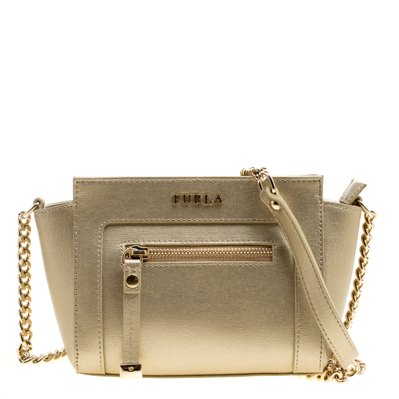Furla Light Gold Leather Chain Shoulder Bag Furla The Luxury Closet