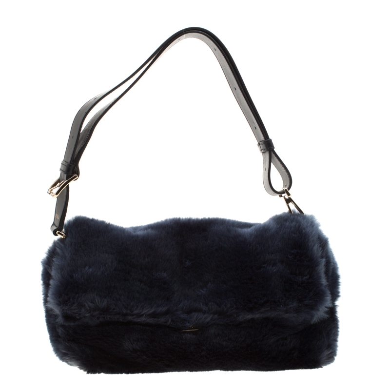 Pre Owned Furla Dark Blue Fur Caos Medium Shoulder Bag