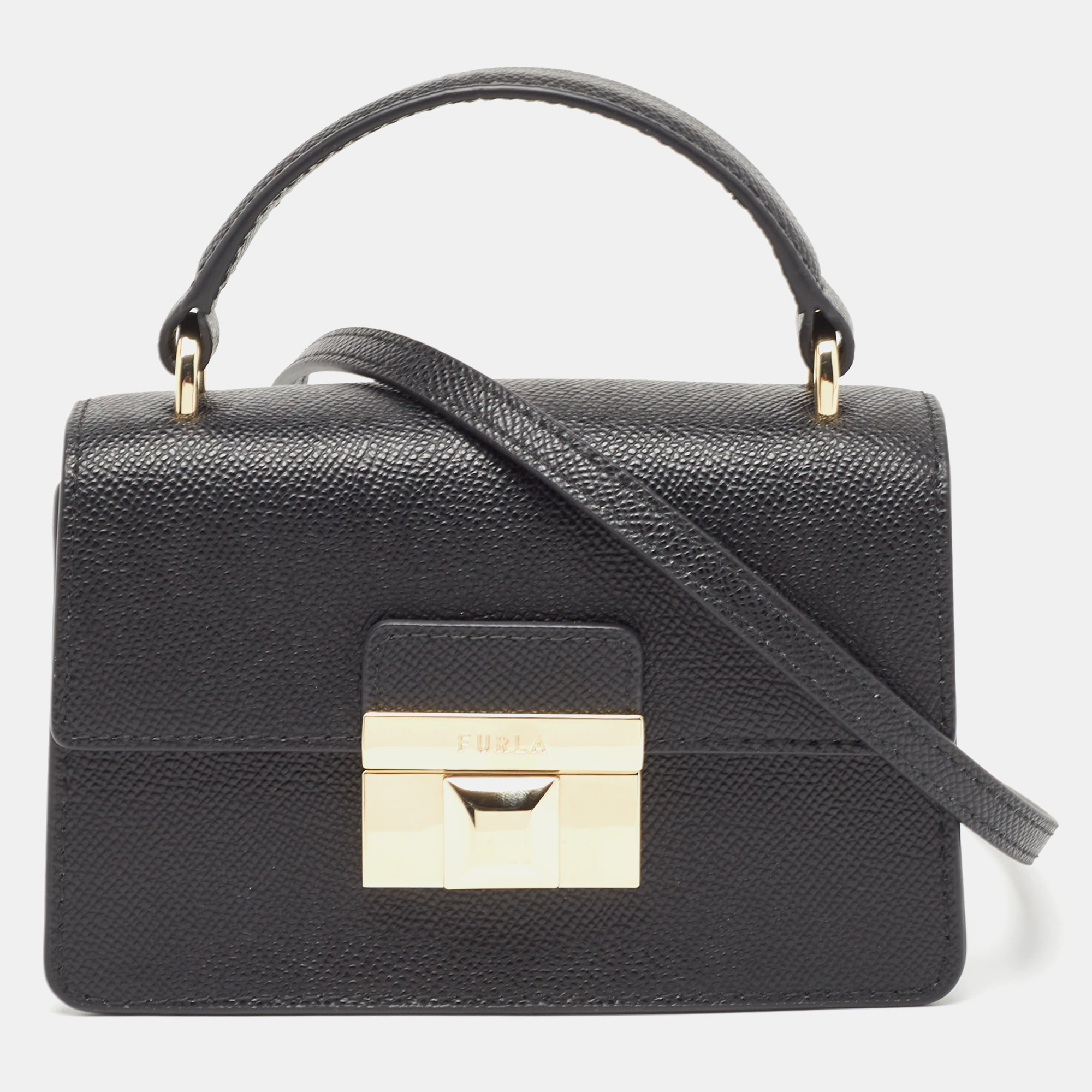 Pre-owned Furla Black Leather Micro Venere Top Handle Bag