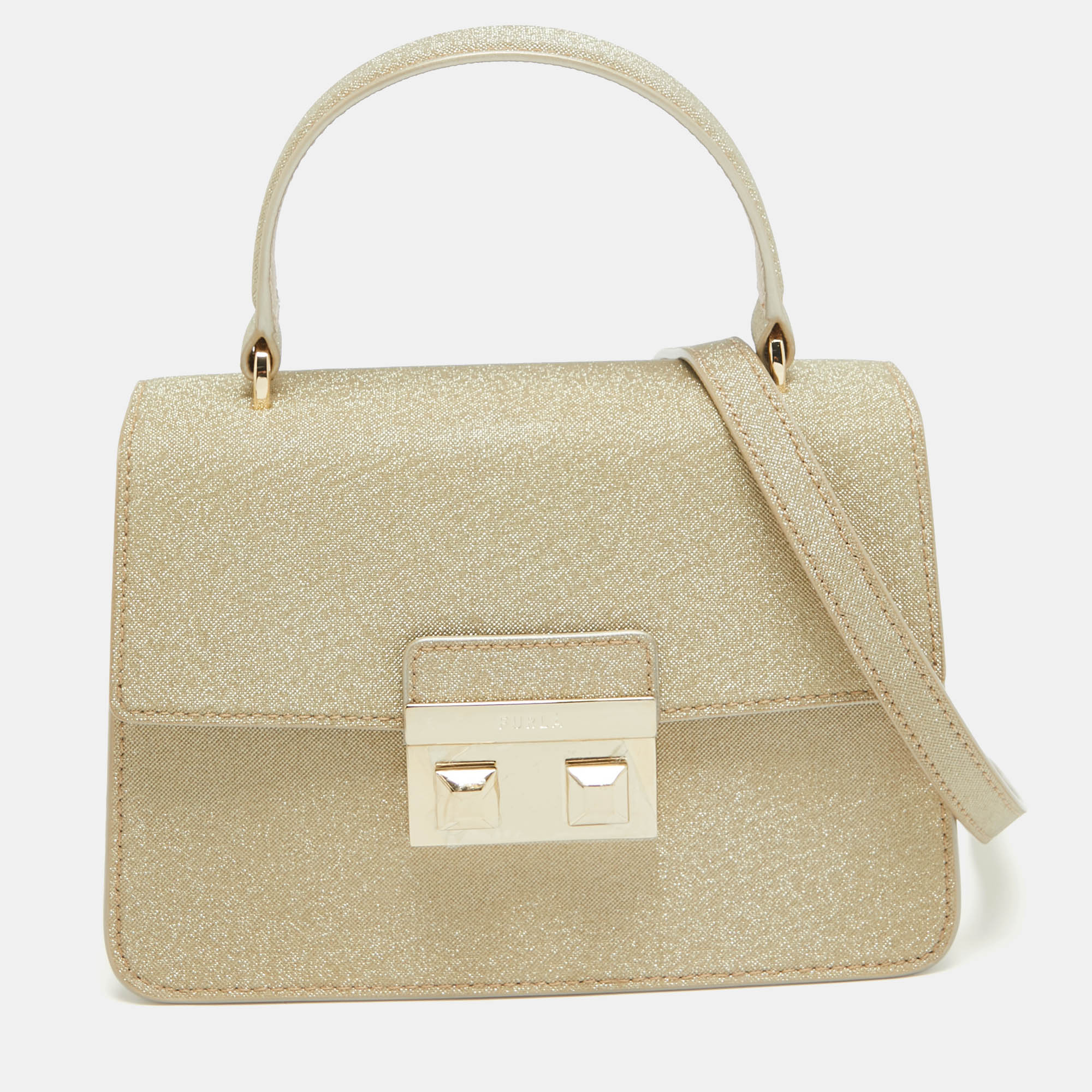 Pre-owned Furla Gold Glitter Tessuto Fabric Mini Bella Top Handle Bag
