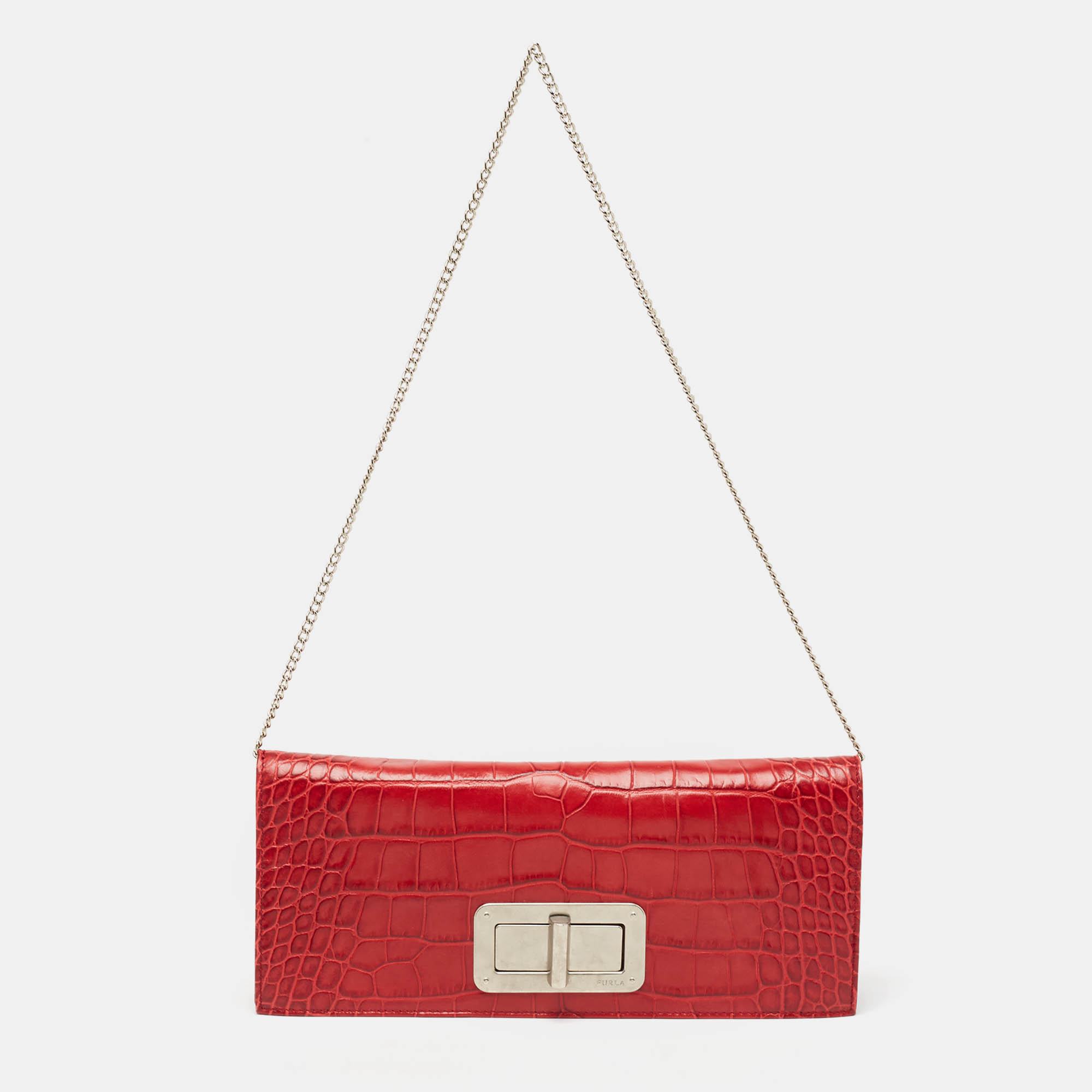

Furla Red Croc Embossed Leather Chain Clutch