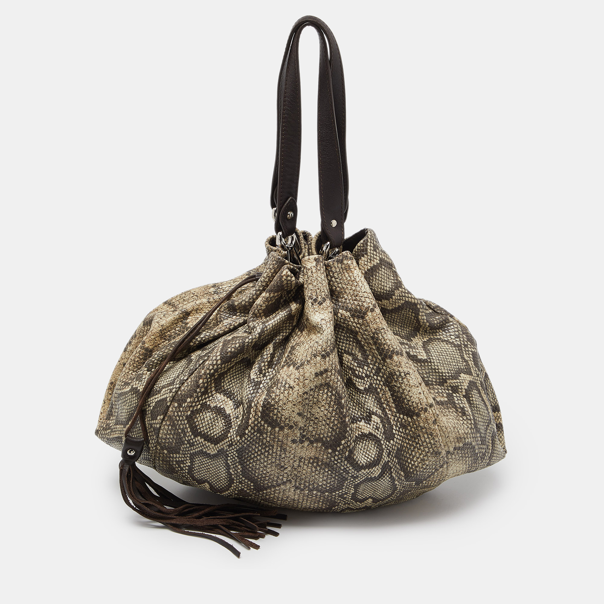 

Furla Grey/Brown Python Embossed and Leather Tassel Tote