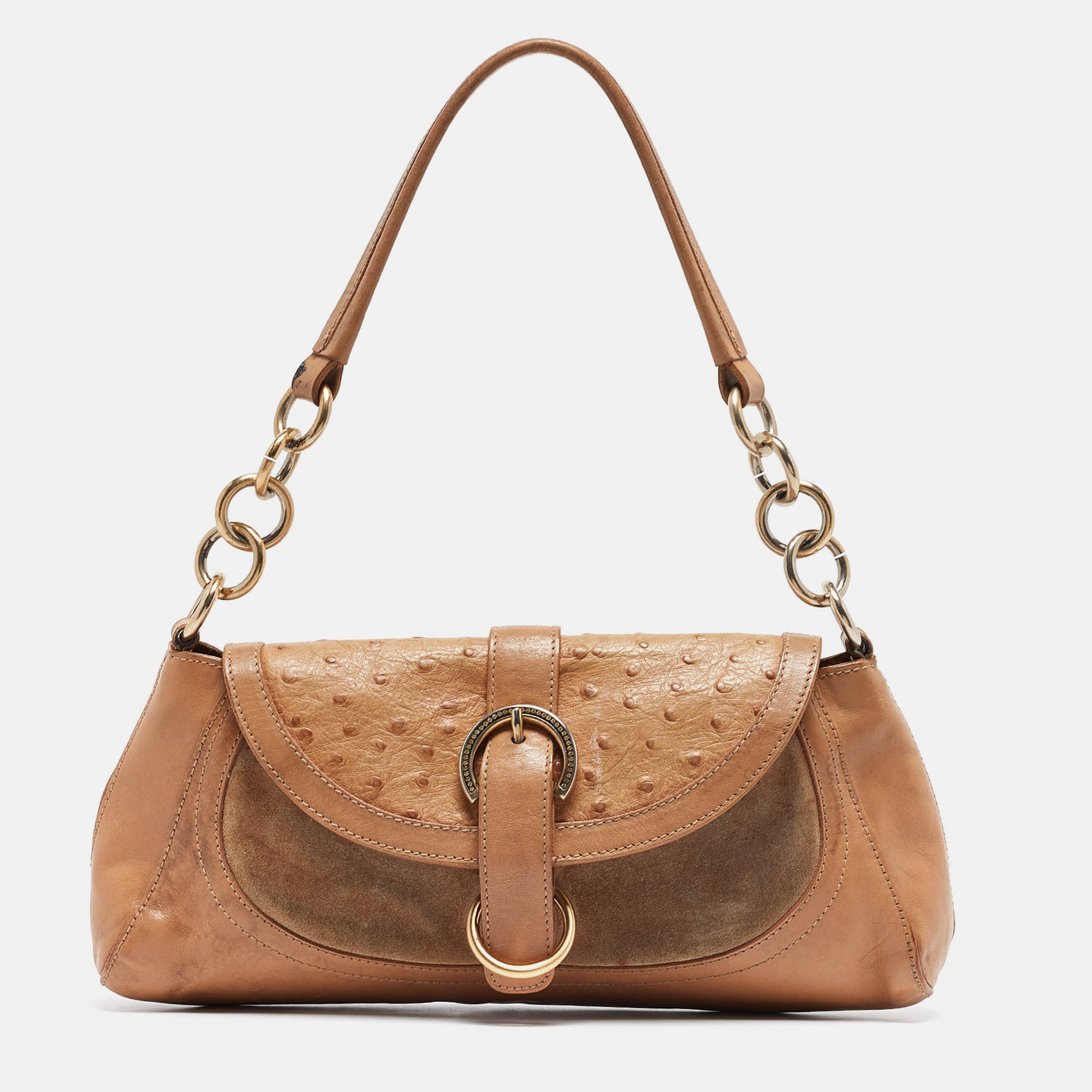 

Furla Beige Suede, Ostrich Embossed and Leather Buckle Flap Hobo