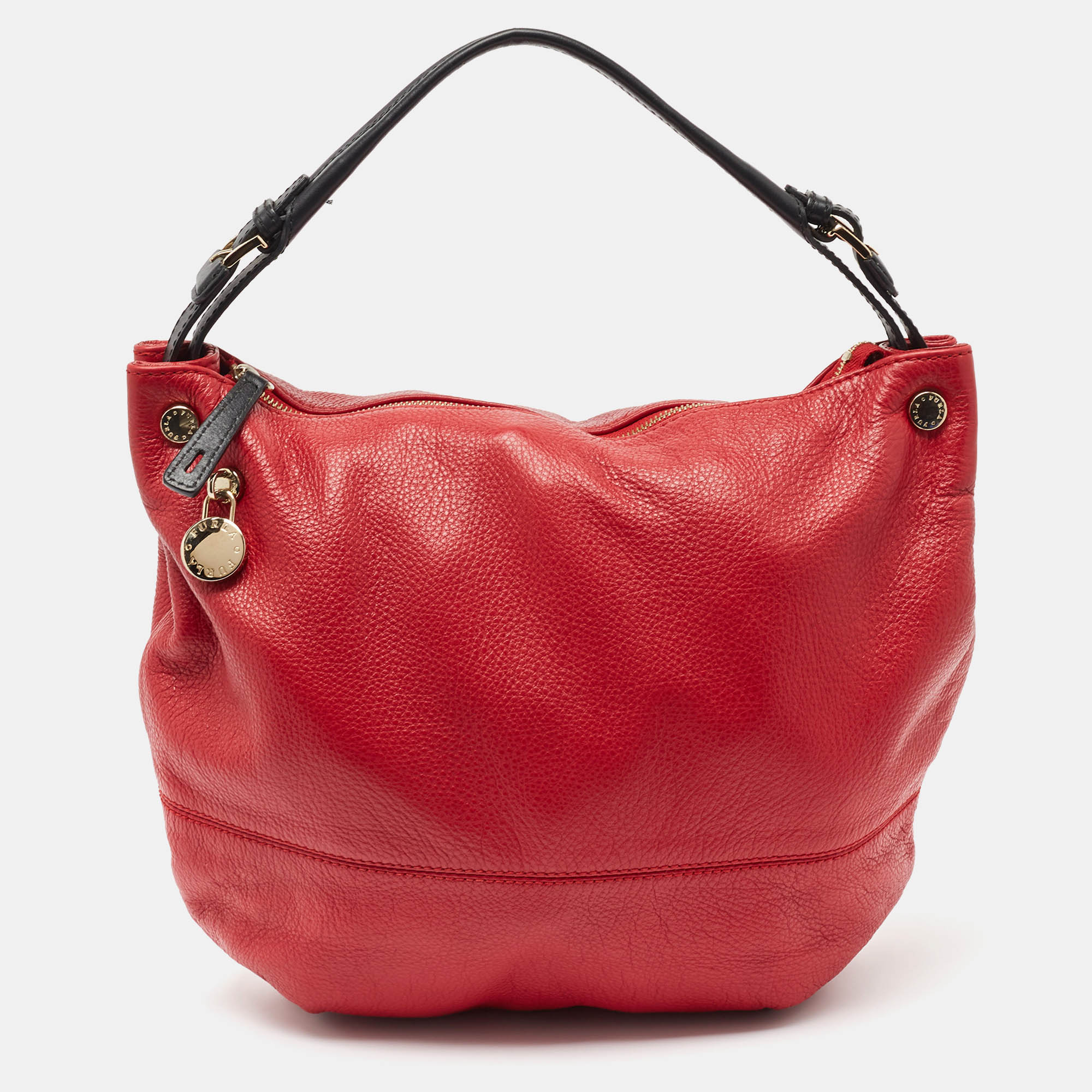 

Furla Red/Black Leather Zip Hobo