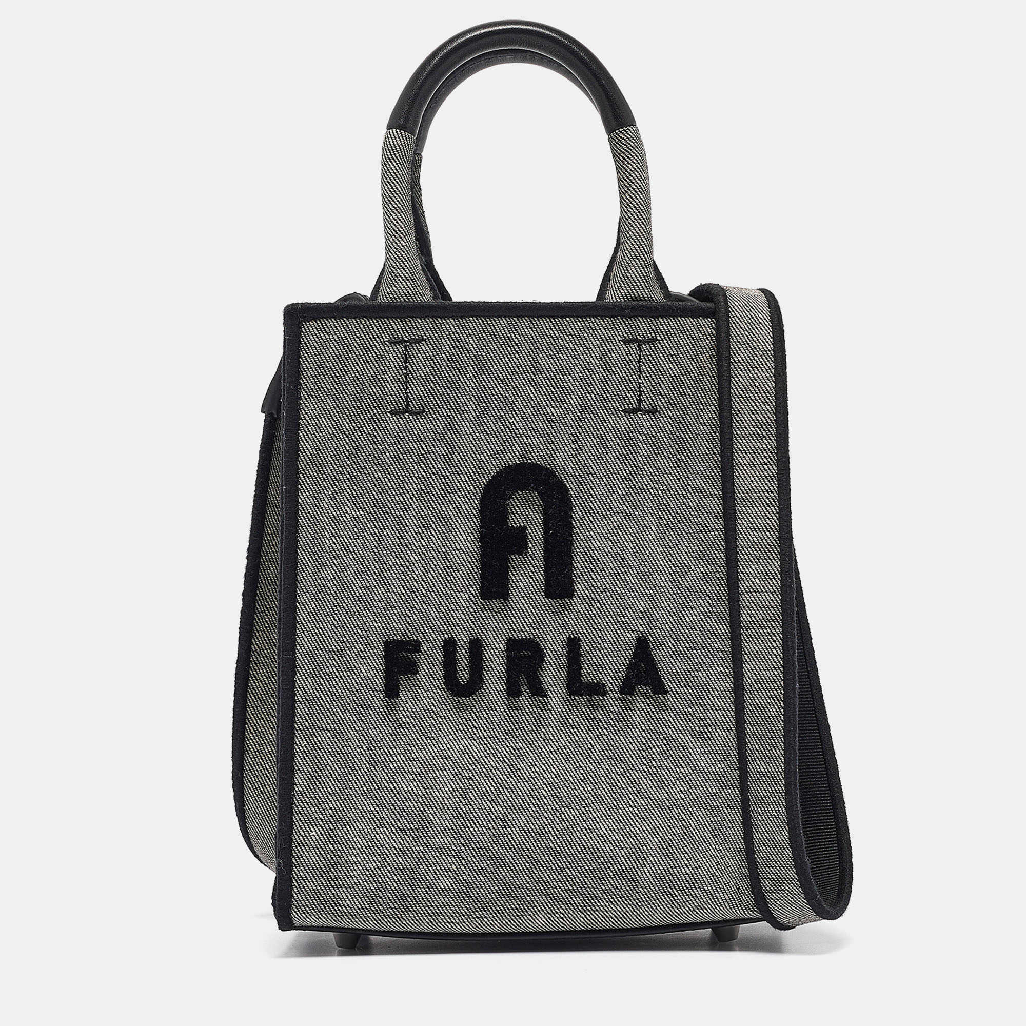 Pre-owned Furla Grey/black Canvas Mini Opportunity Tote