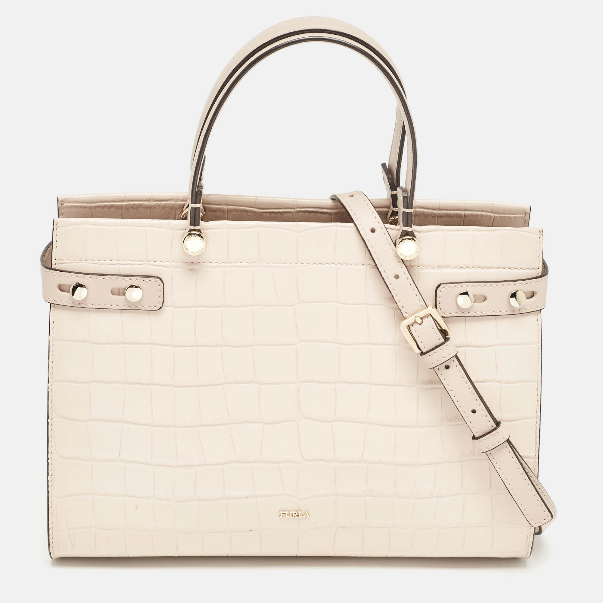 

Furla Light Pink Croc Embossed Leather Lady  Tote