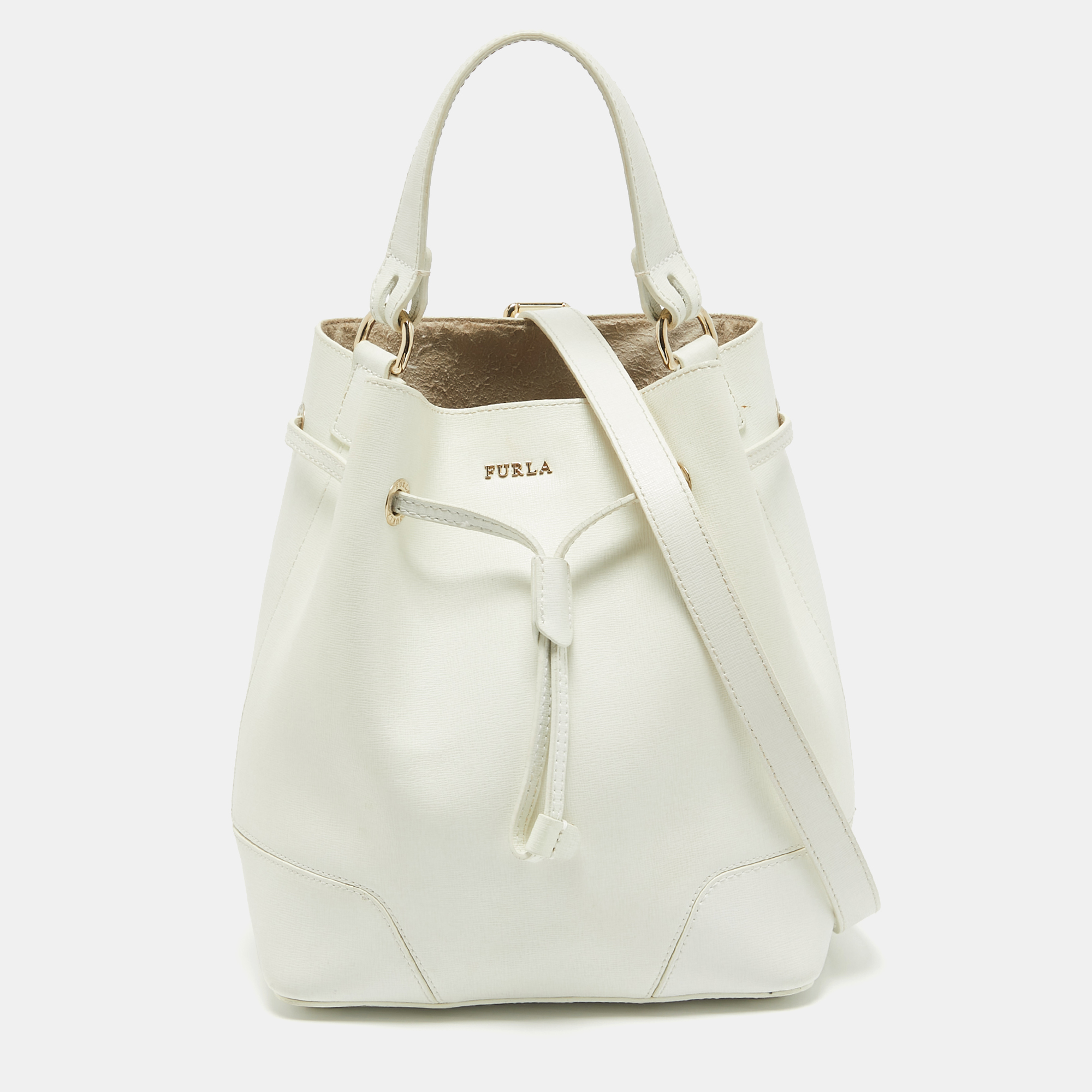 

Furla White Leather Stacy Drawstring Bucket Bag