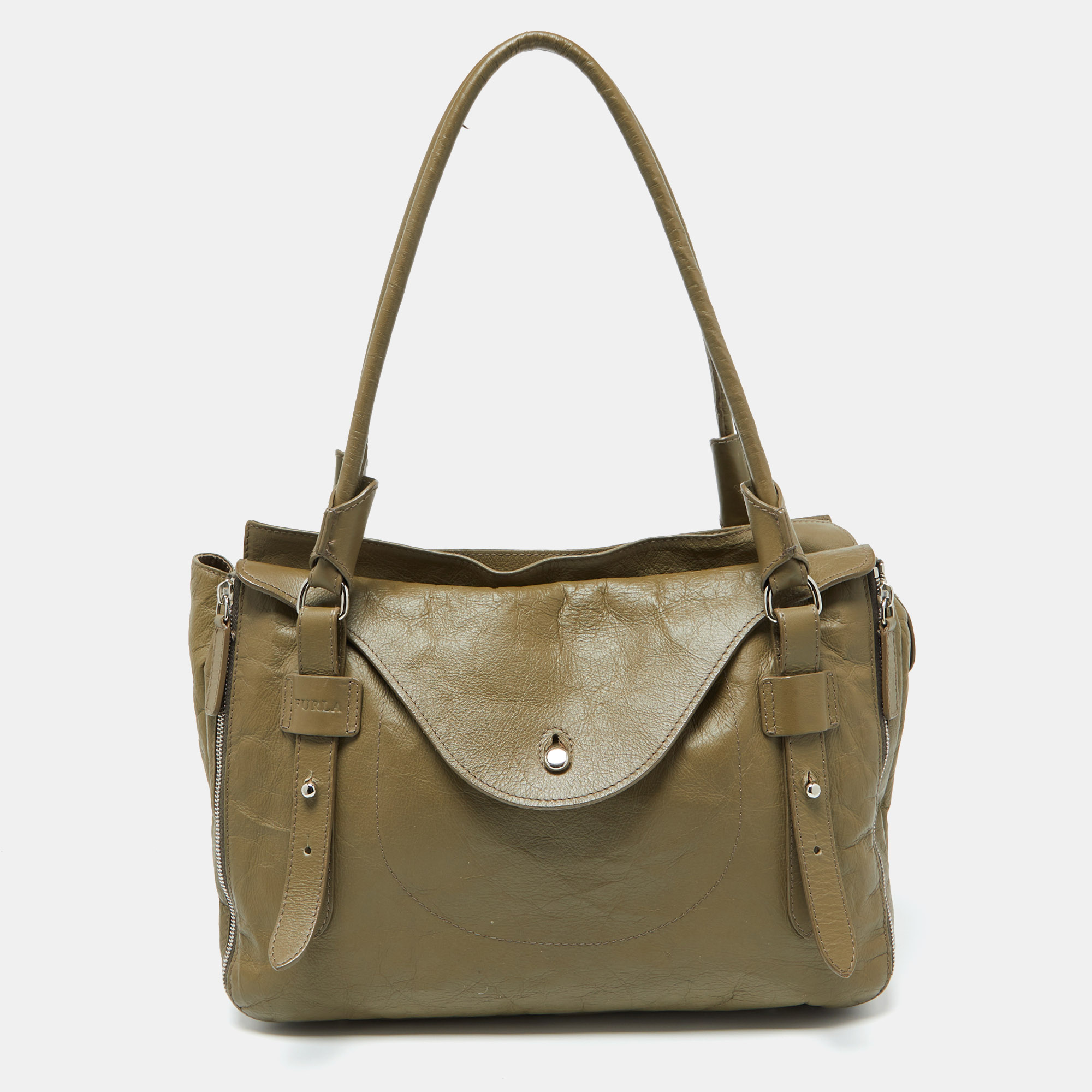 

Furla Green Leather Top Zip Tote