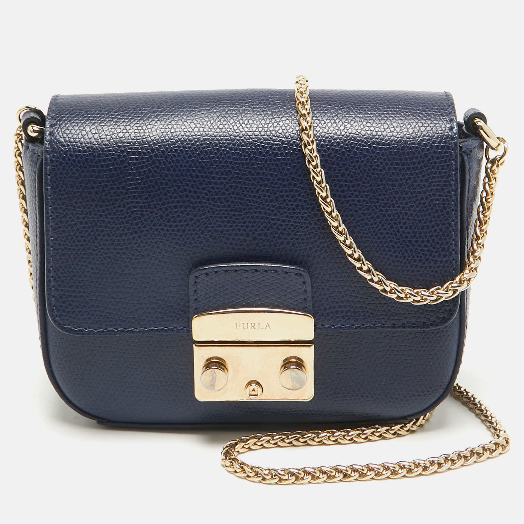 

Furla Navy Blue Leather Mini Metropolis Chain Crossbody Bag