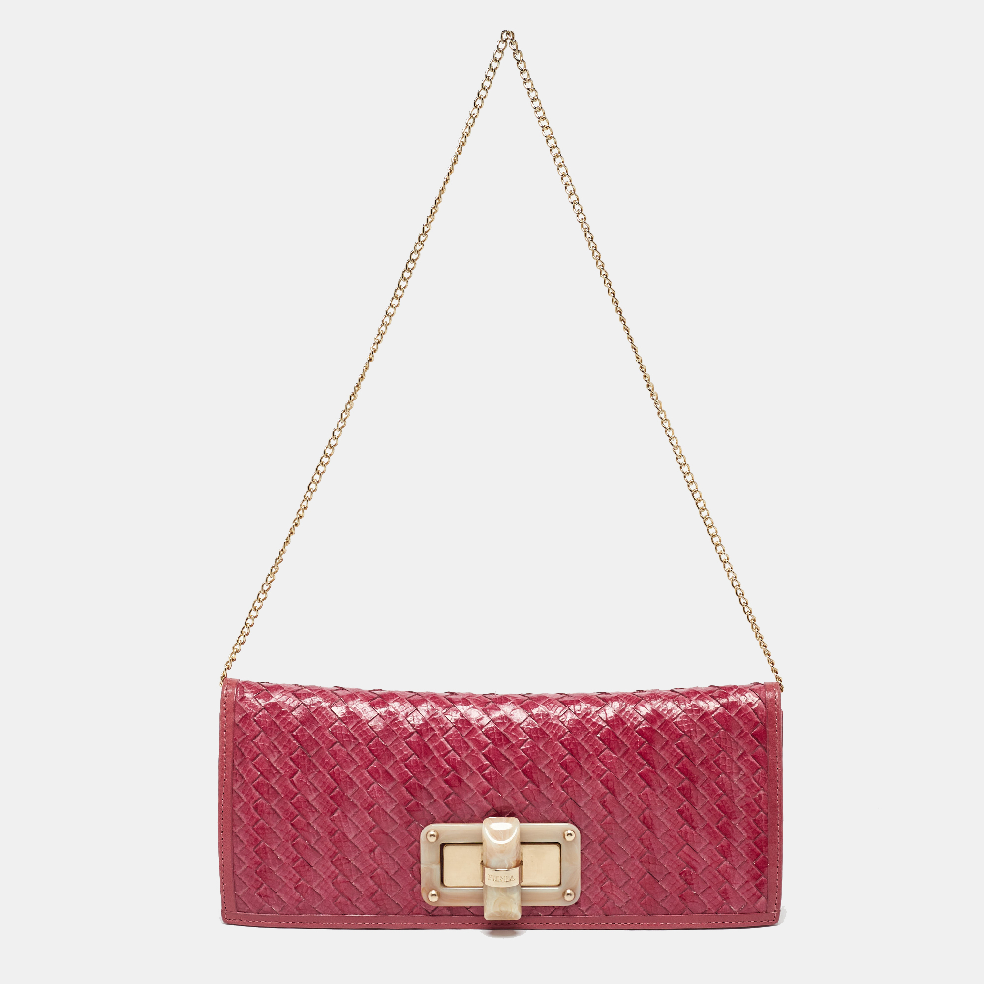 

Furla Pink Woven Leather Turnlock Clutch