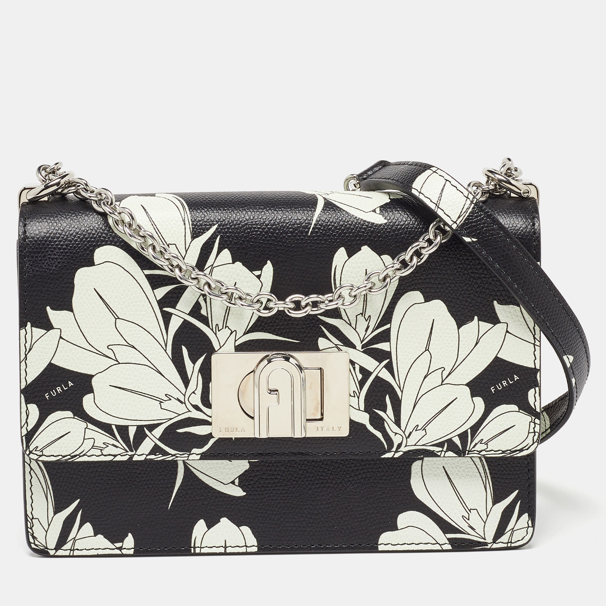 

Furla Black/White Leather Floral Print 1927 Mini Crossbody Bag