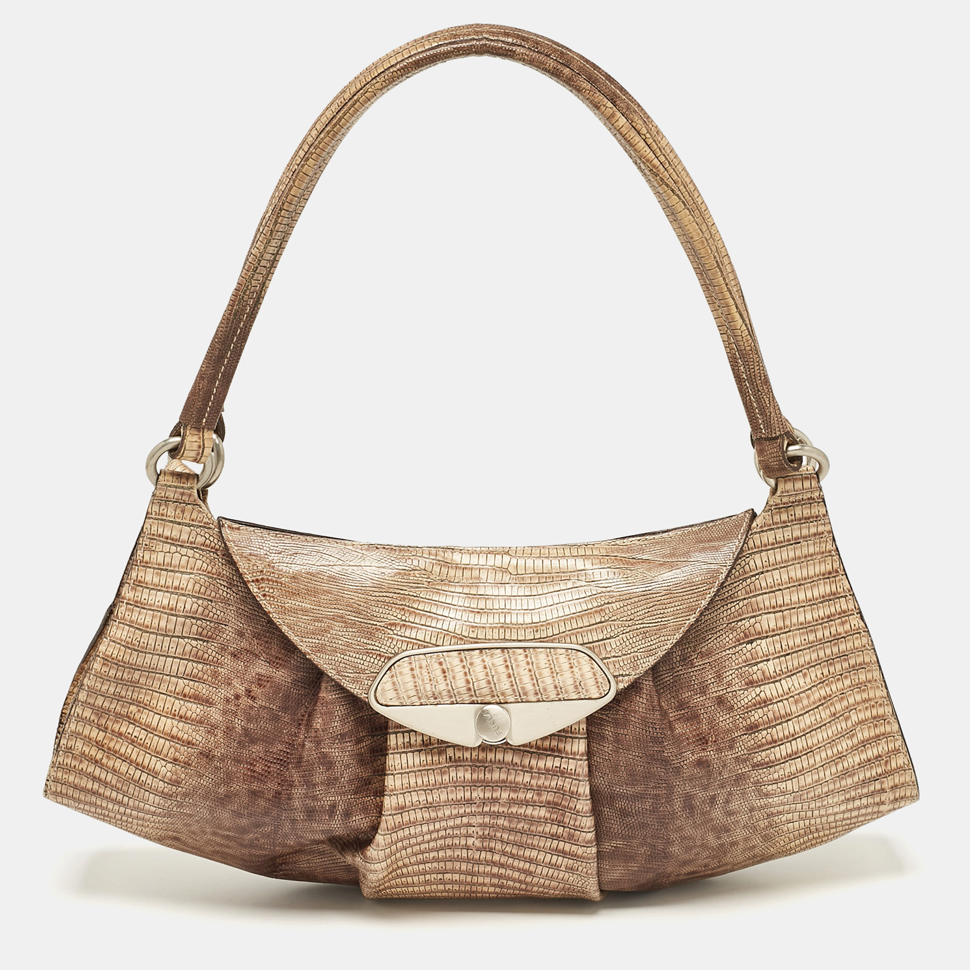 

Furla Beige Lizard Embossed Leather Metal Lock Hobo