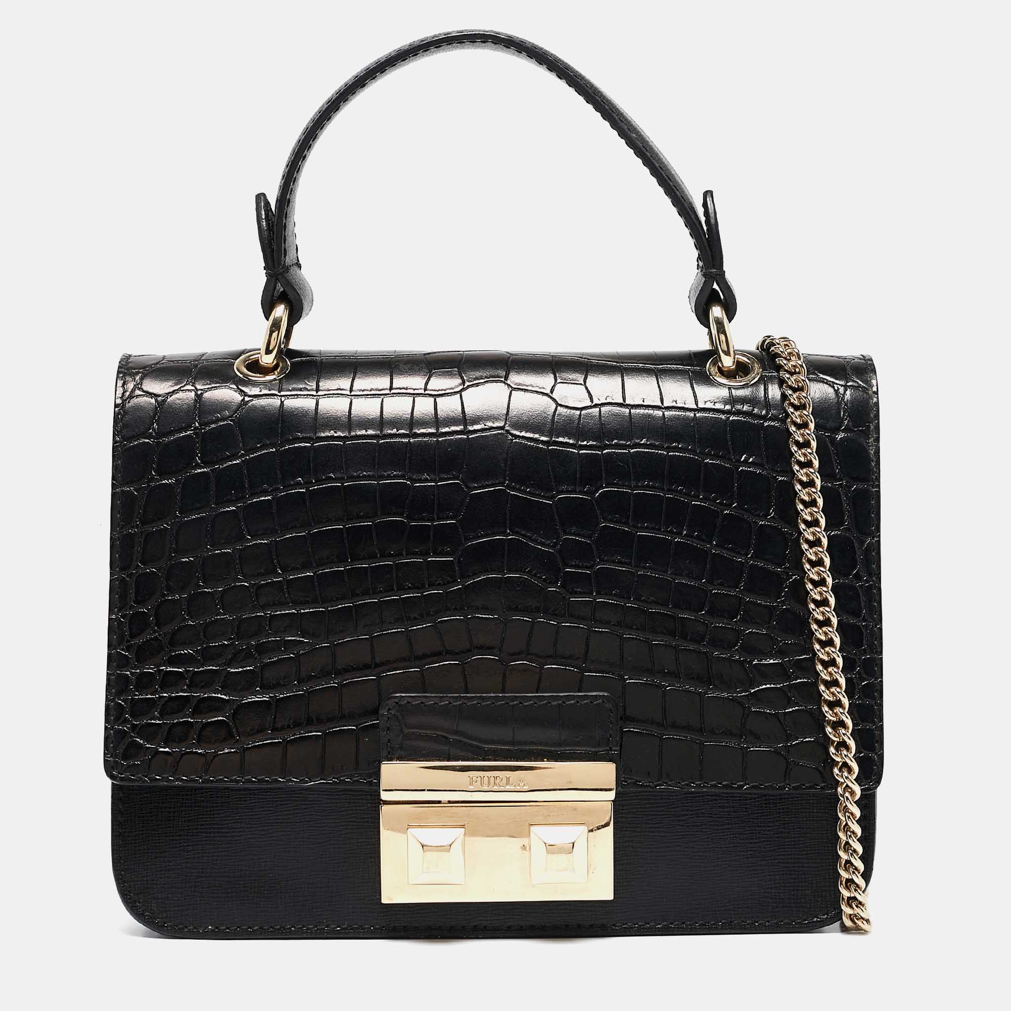 

Furla Black Croc Embossed and Leather Mini Bella Top Handle Bag