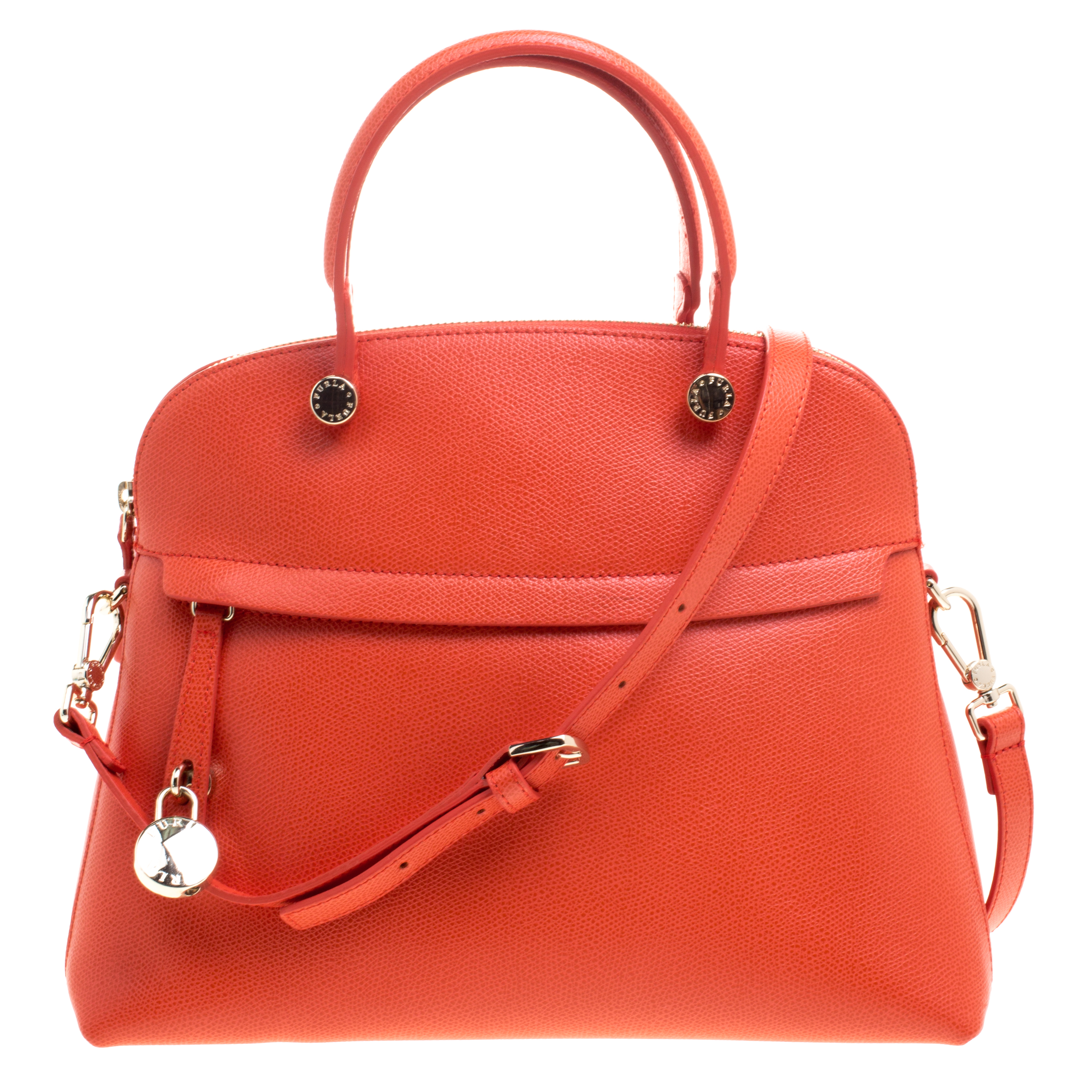 Pre Owned Furla Red Orange Leather Medium Piper Top Handle Bag