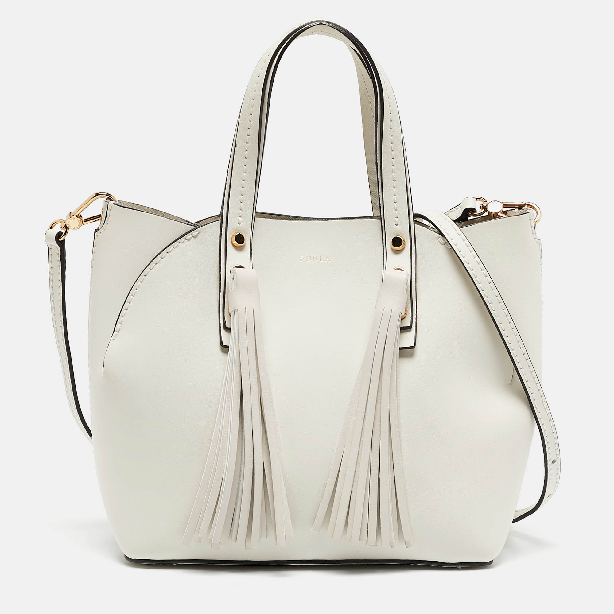 

Furla White Leather Tassel Detailed Tote