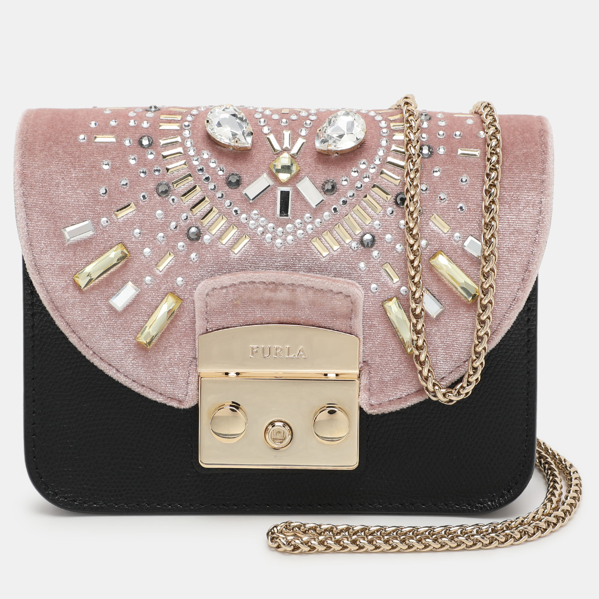 

Furla Beige/Black Leather and Velvet Mini Metropolis Embellished Crossbody Bag