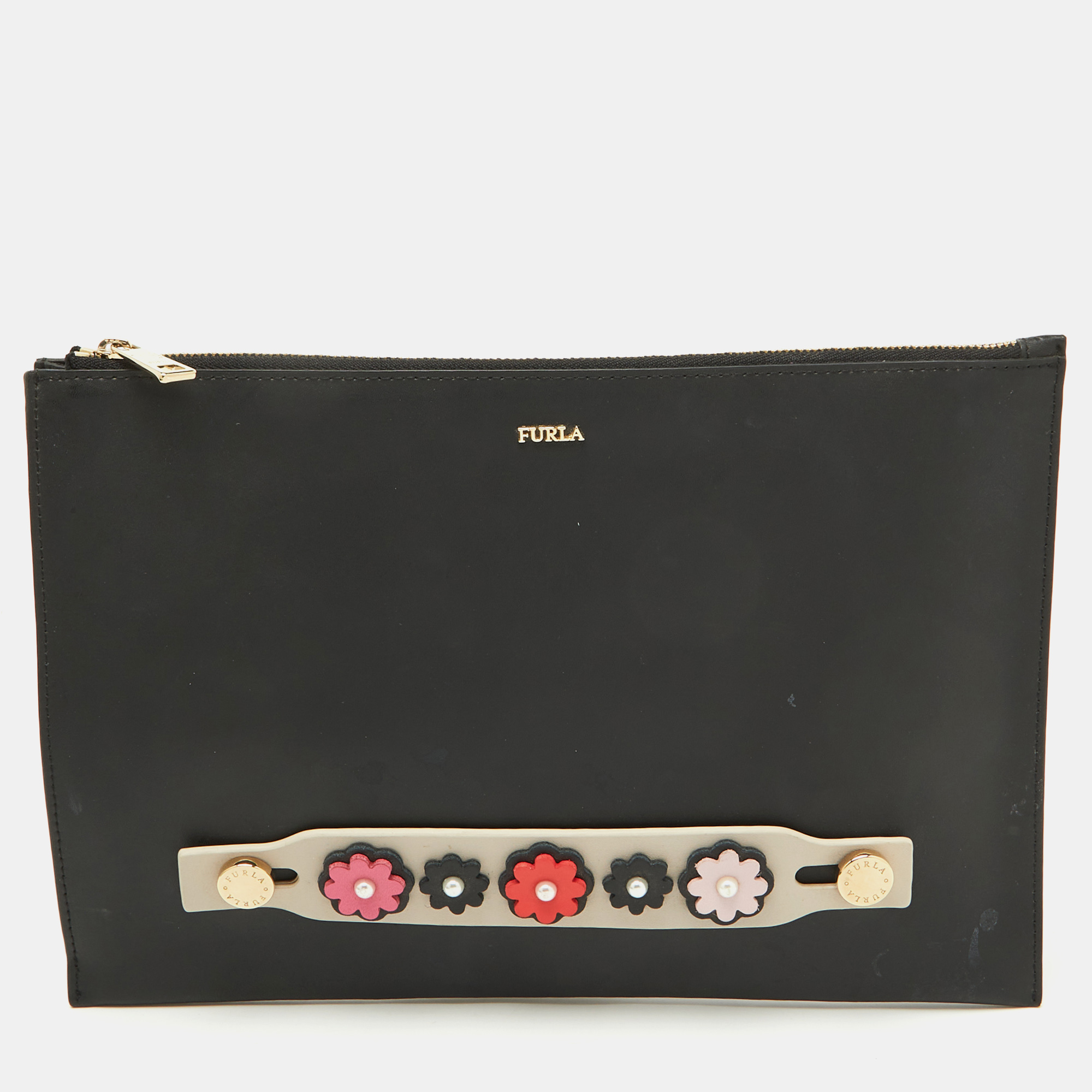 

Furla Black Leather Floral Handle Flat Zip Pouch Clutch