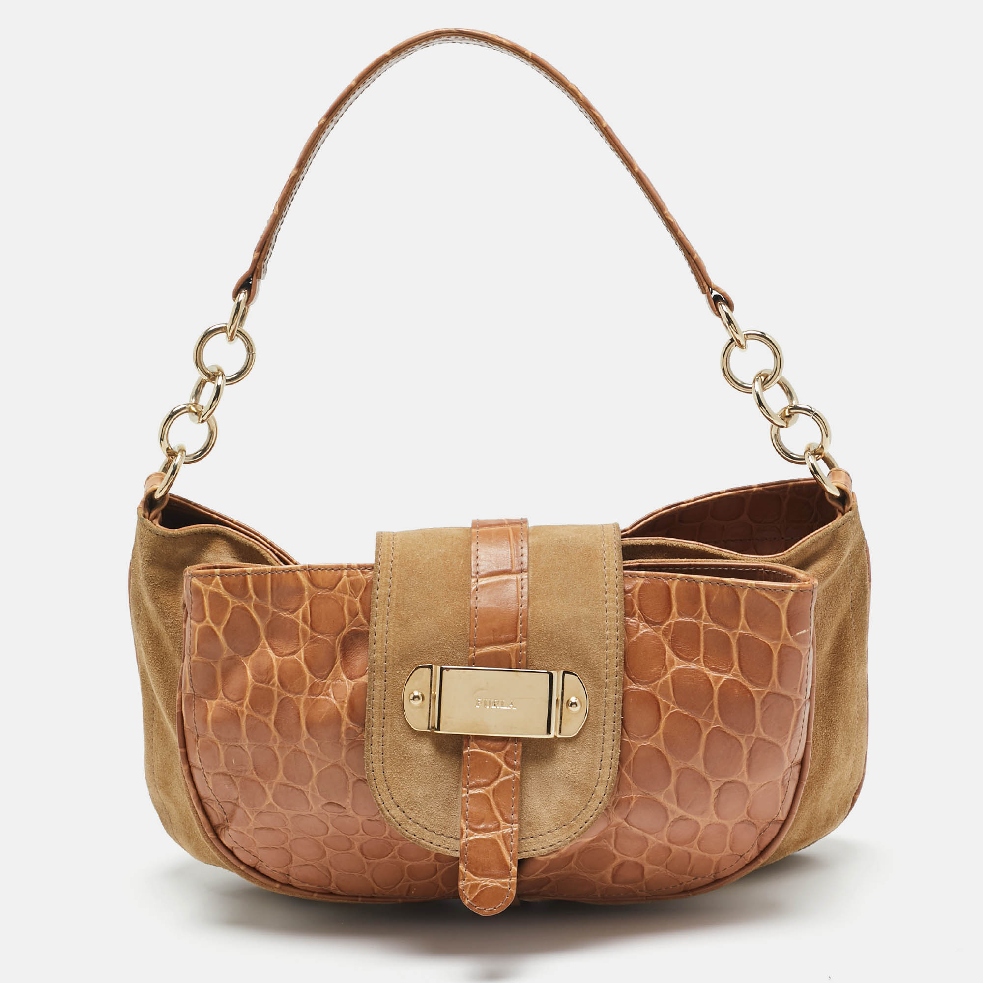 

Furla Brown/Tan Croc Embossed Leather and Suede Flap Hobo