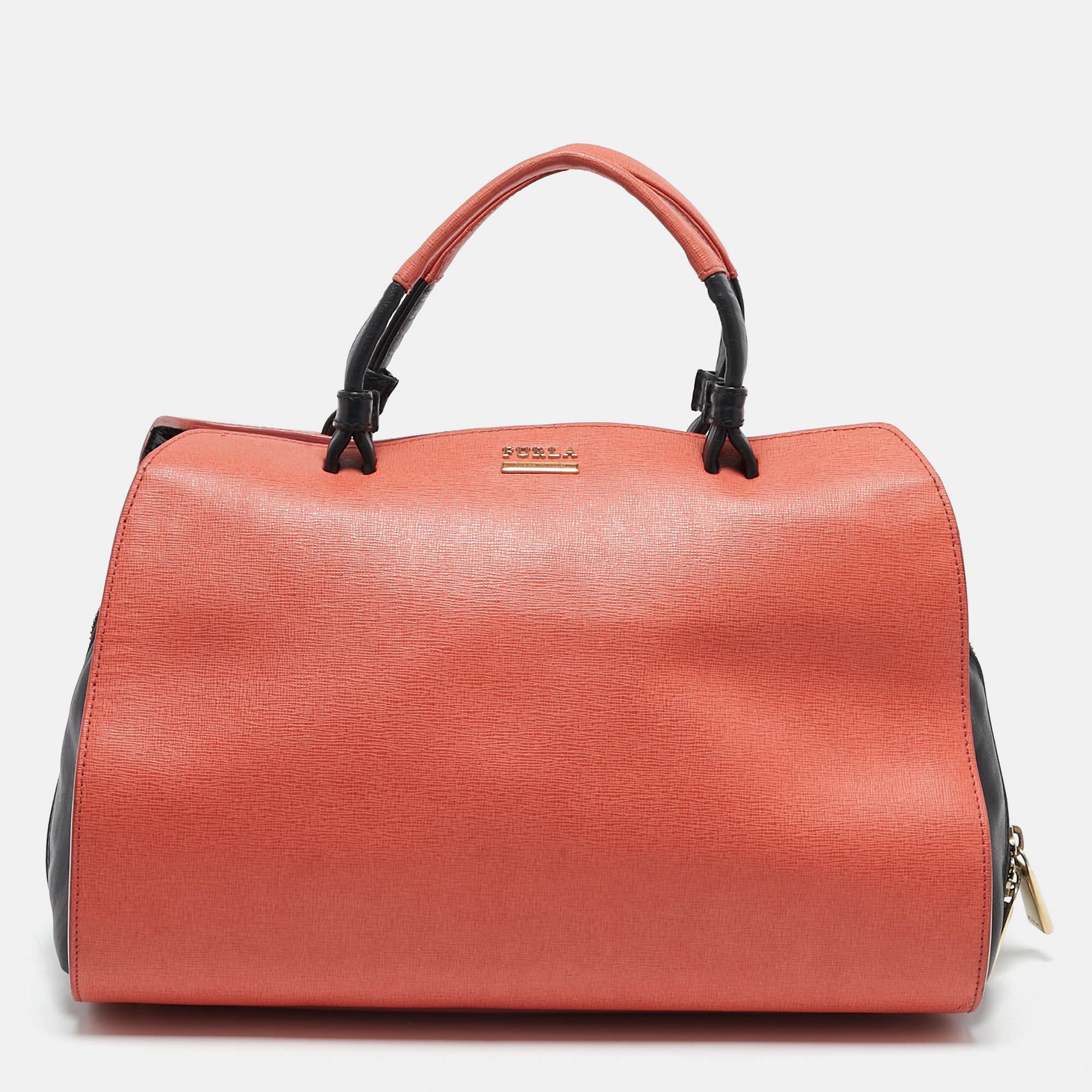 

Furla Orange/Black Leather Zip Satchel