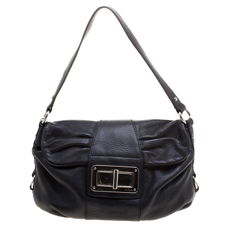 Pre Owned Furla Black Leather Saddle Shoulder Bag