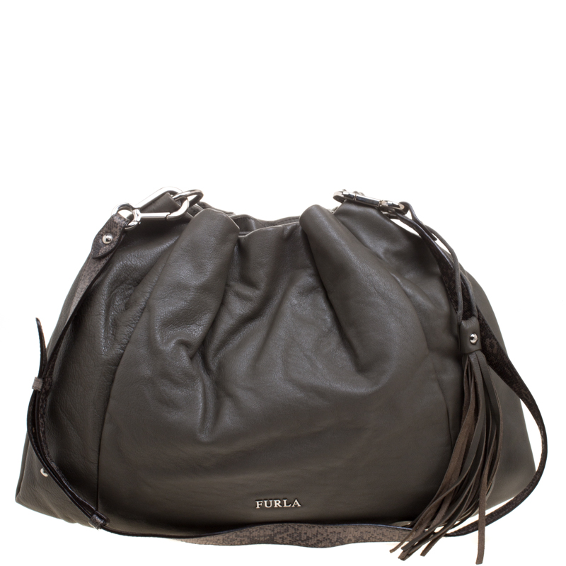 Pre Owned Furla Grey Leather Drawstring Shoulder Bag