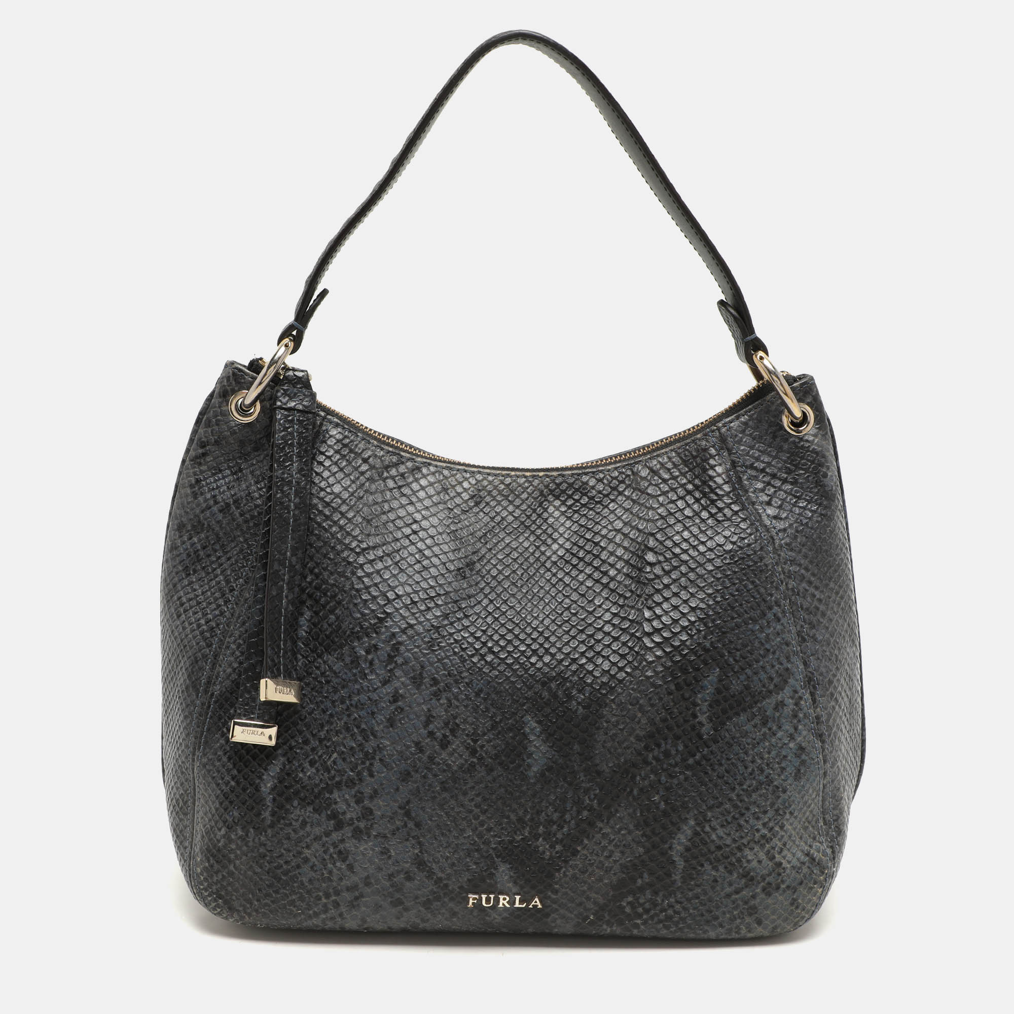 

Furla Blue/Black Python Embossed Leather Hobo