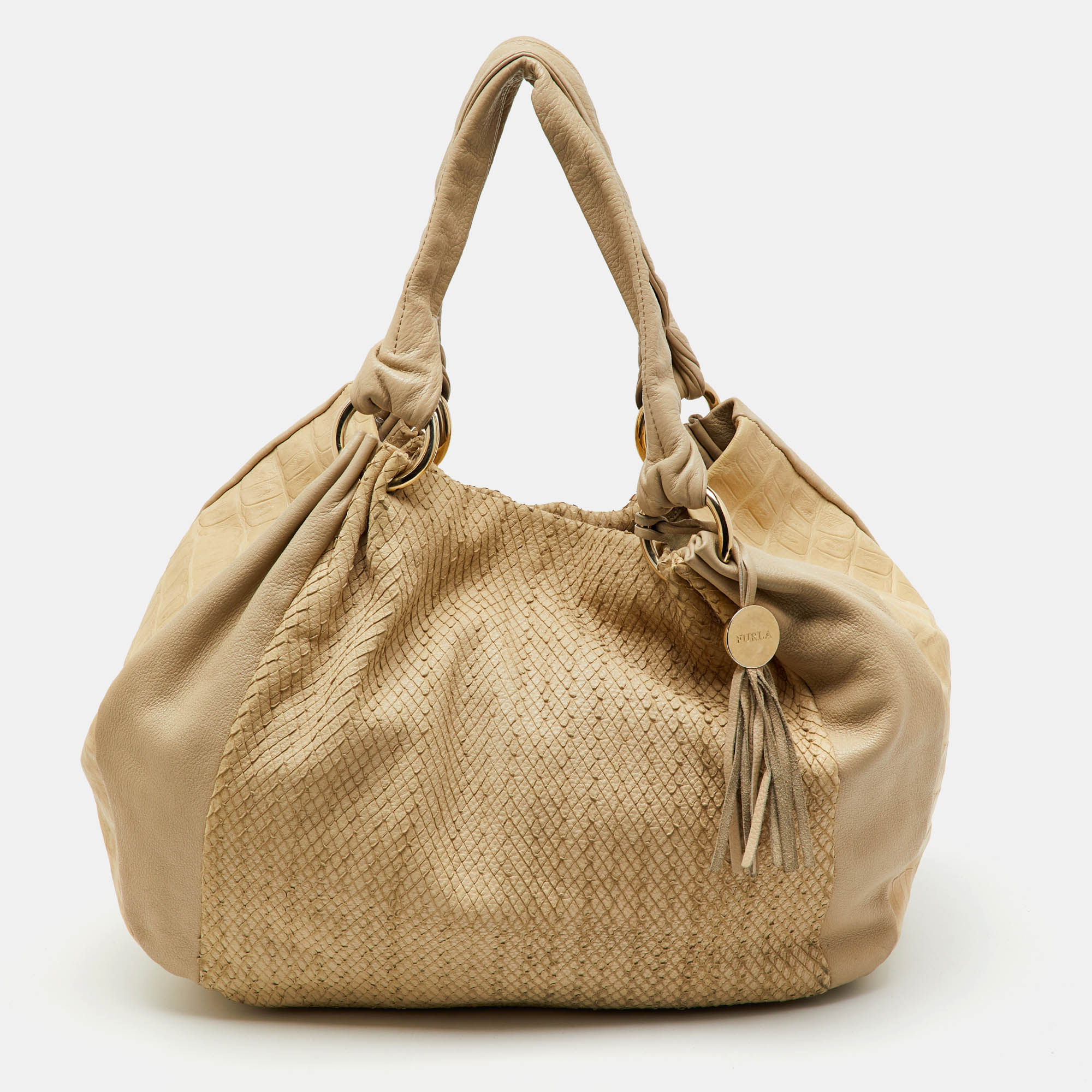 

Furla Cream Croc Embossed and Python Embossed Leather Tassel Hobo