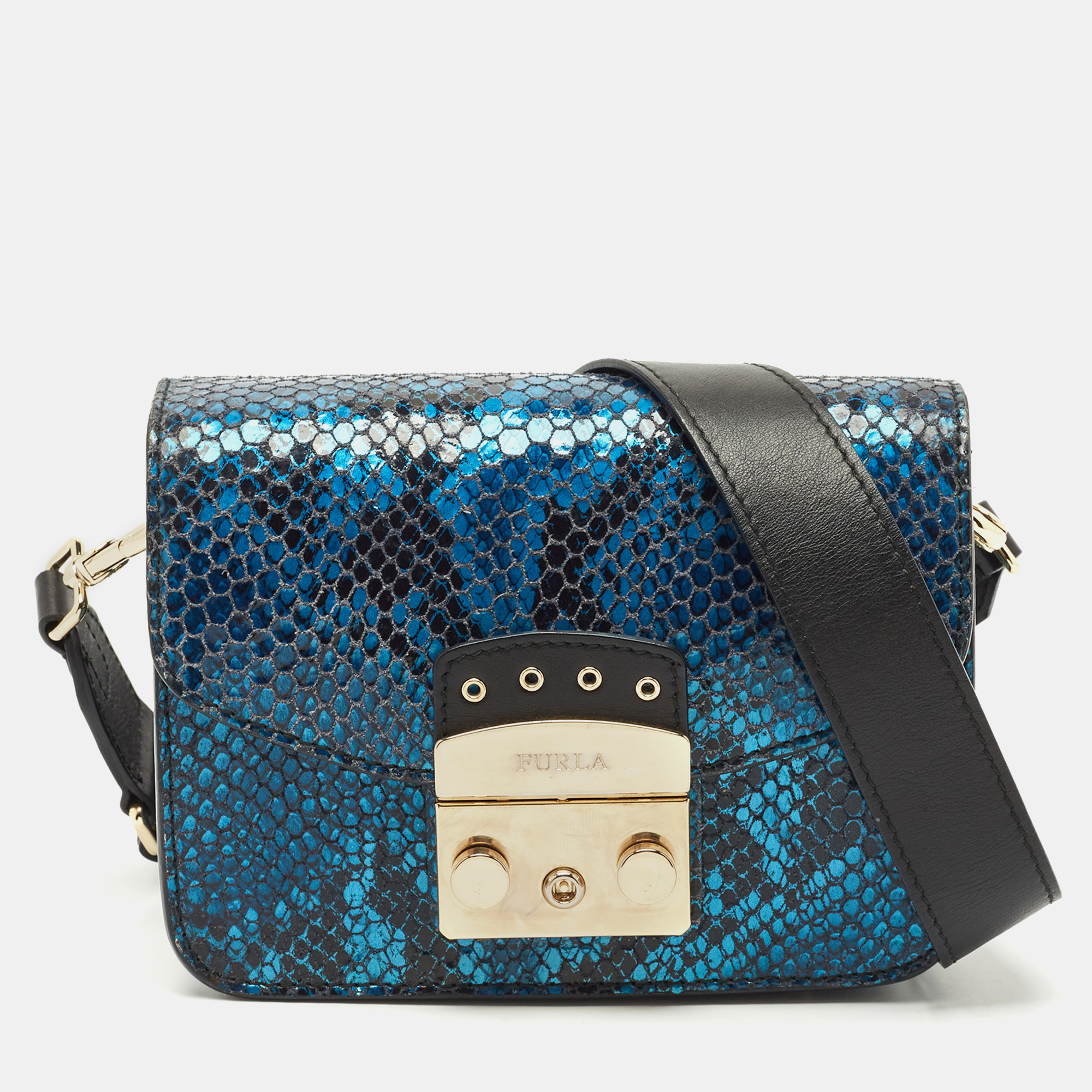 

Furla Black/Blue Python Embossed and Leather Mni Metropolis Crossbody Bag