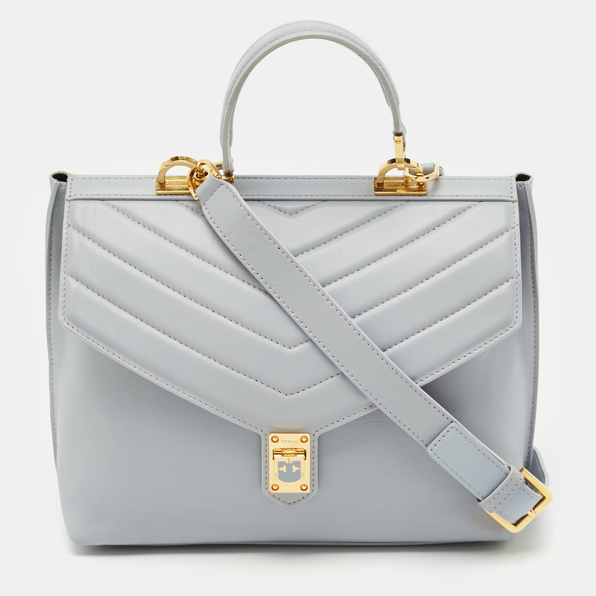 

Furla Light Blue Leather Tortona Top Handle Bag