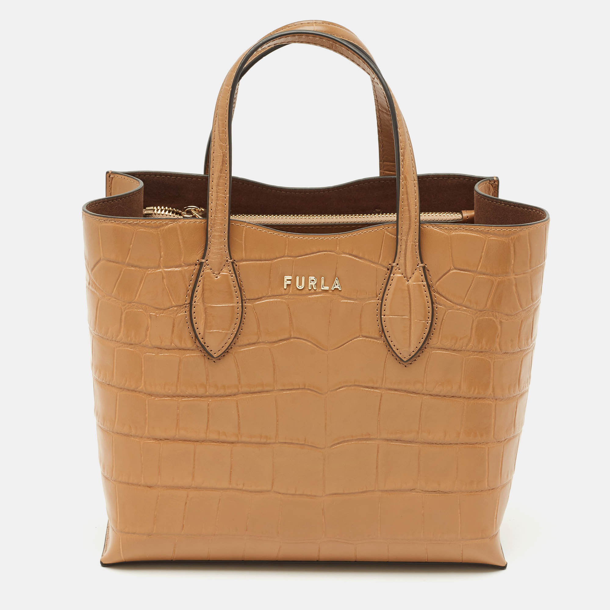 

Furla Tan Croc Embossed Leather Tote