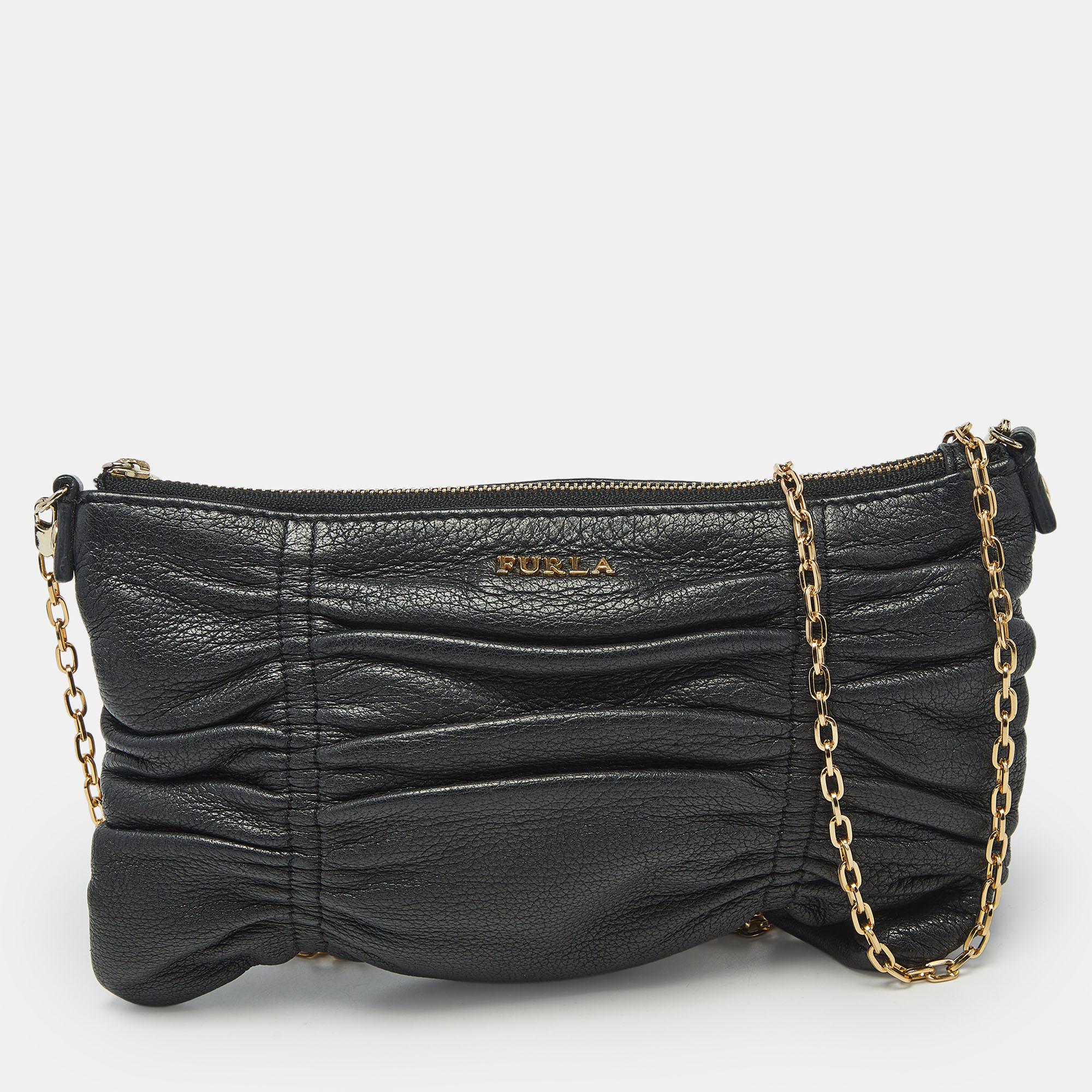 

Furla Black Gathered Leather Chain Crossbody Bag