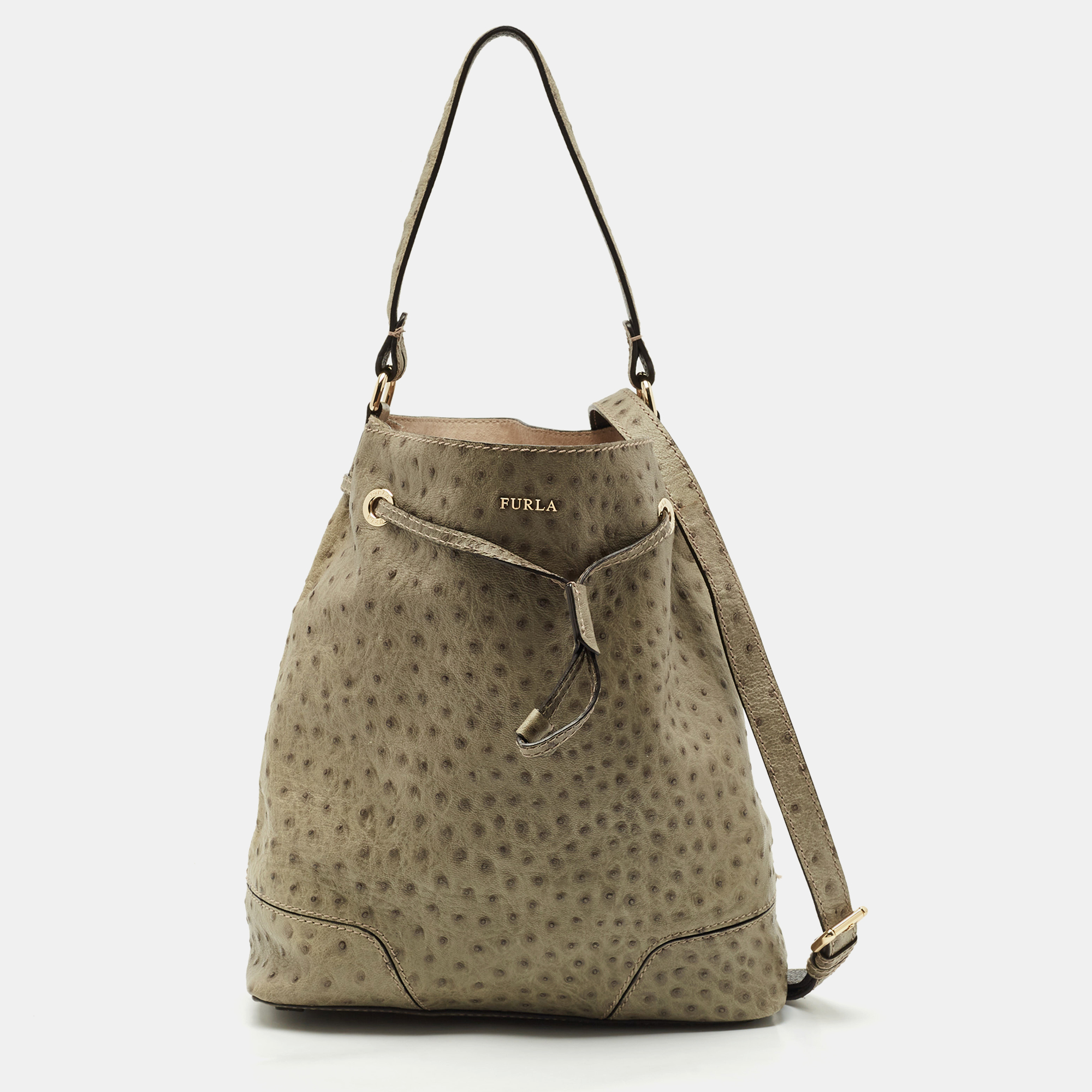 

Furla Light Green Ostrich Embossed Leather Drawstring Bucket Bag