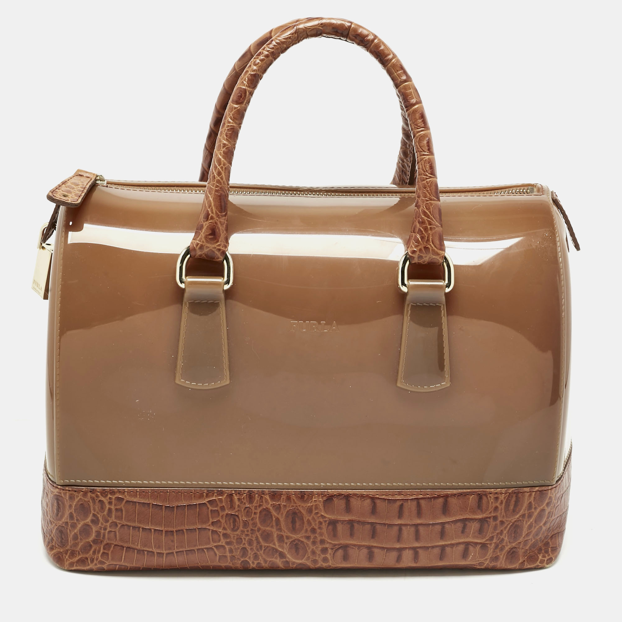 

Furla Brown Rubber and Croc Embossed Leather  Candy Satchel