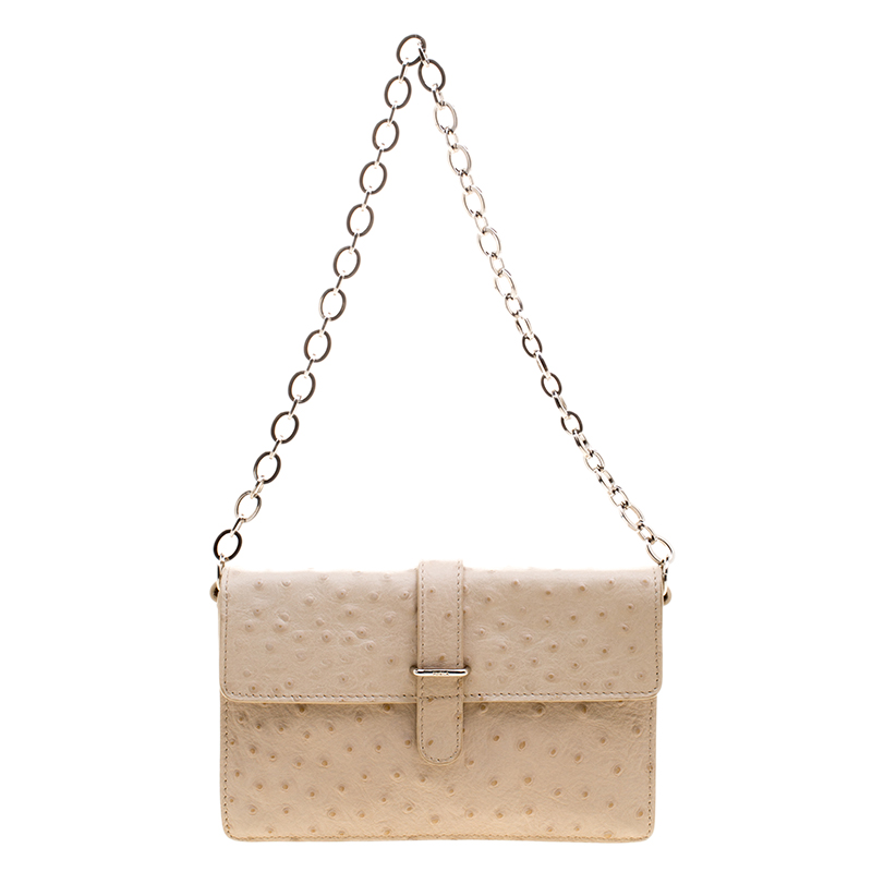 Pre Owned Furla Beige Ostrich Embossed Leather Chain Clutch