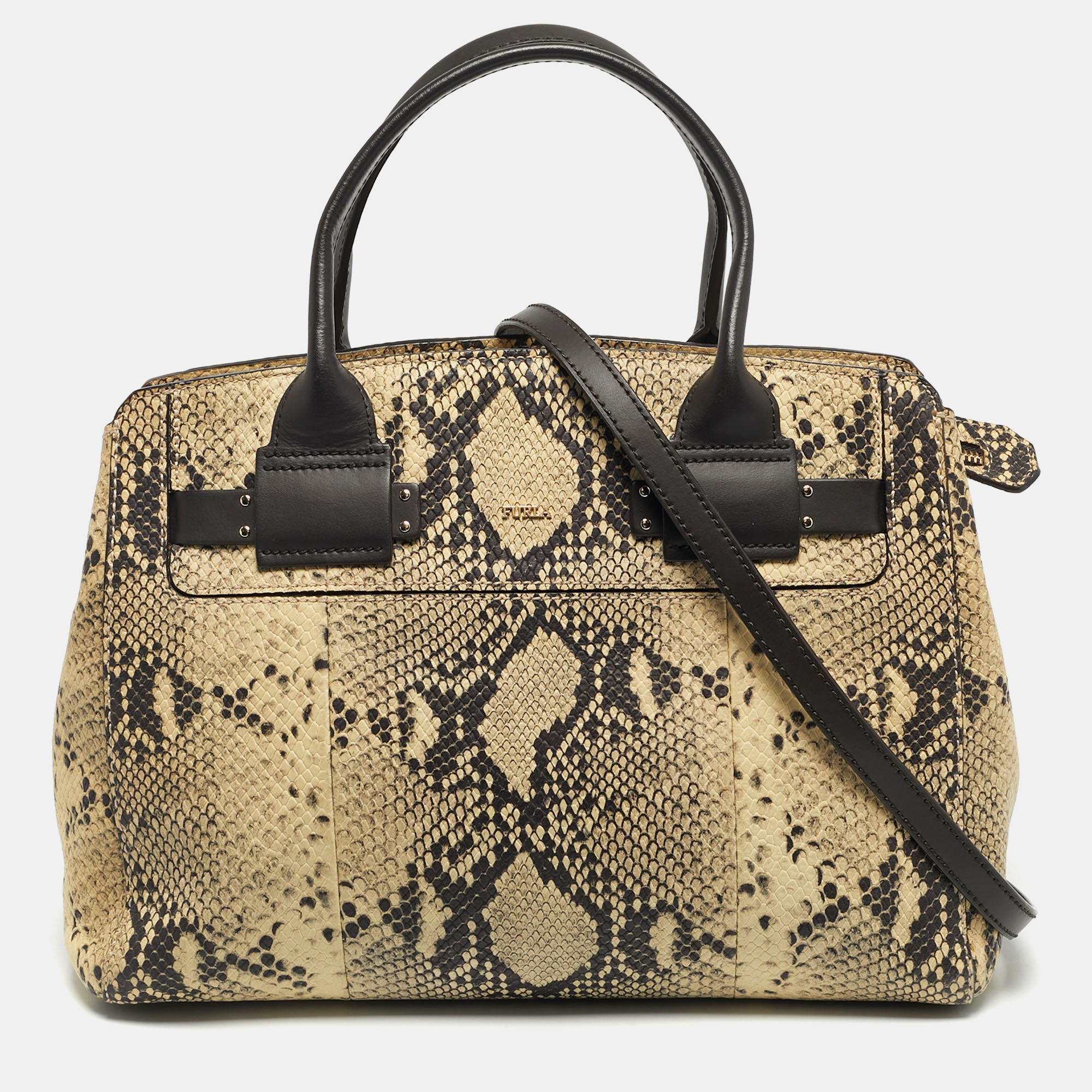 Pre-owned Furla Cream/black Python Embossed Leather Lucky Tote In White