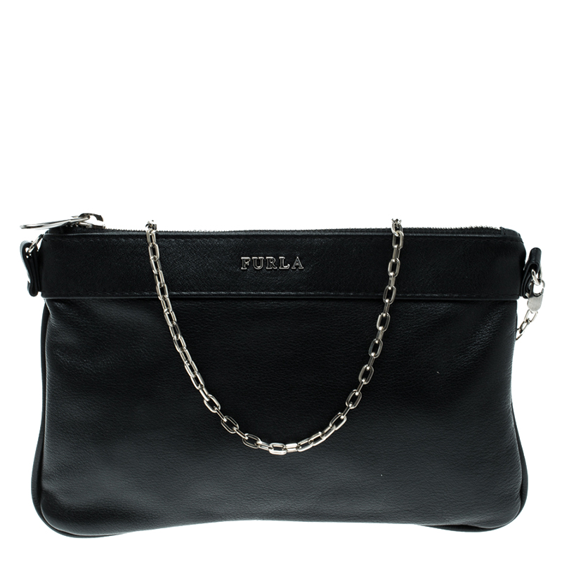 Pre Owned Furla Black Leather Chain Clutch